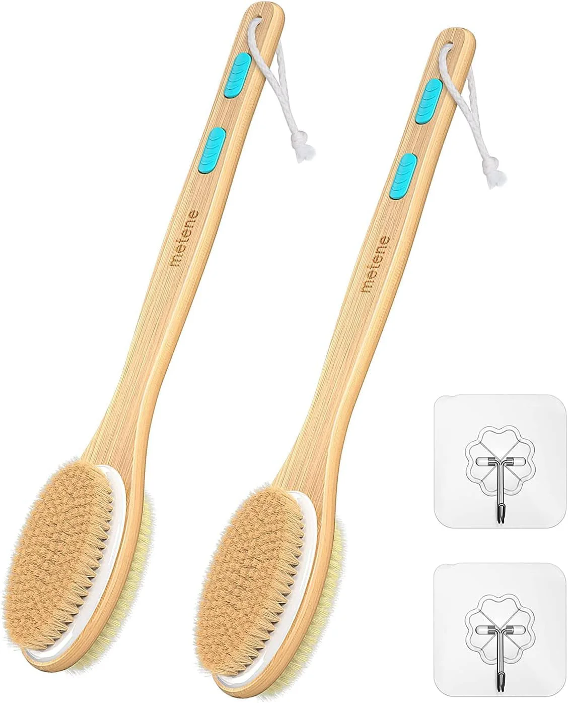 Outstanding Metene 2 Pack Shower Brush with Soft and Stiff Bristles Bath Dual-Sided Long Handle Back Scrubber Body Exfoliator for Wet or Dry Brushing Premium Material