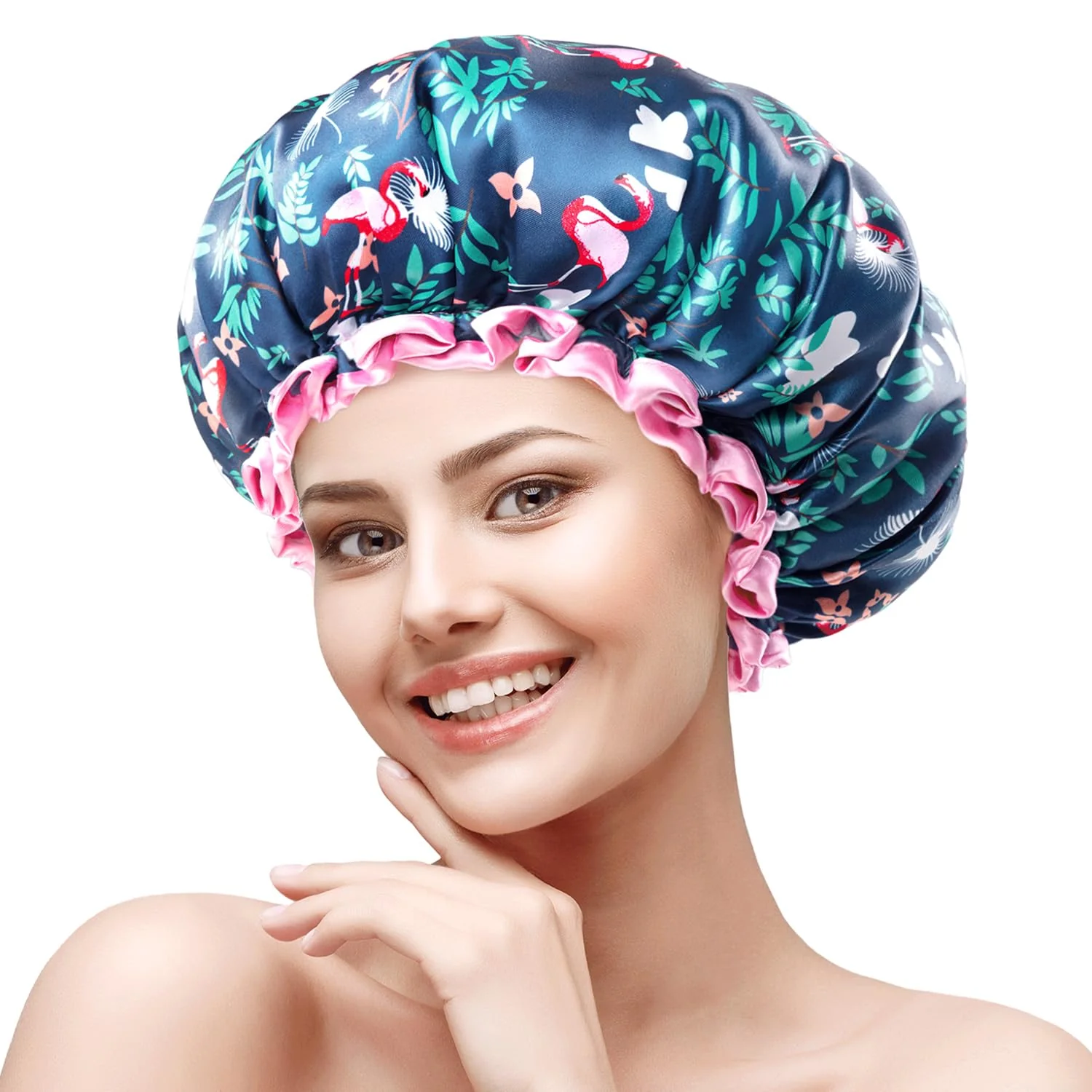 Quality mikimini Medium Shower Cap for Girls and Women Flamingo Shower Caps with Pink Lace Reusable Waterproof Bathing Shower Hat for Girls Unique
