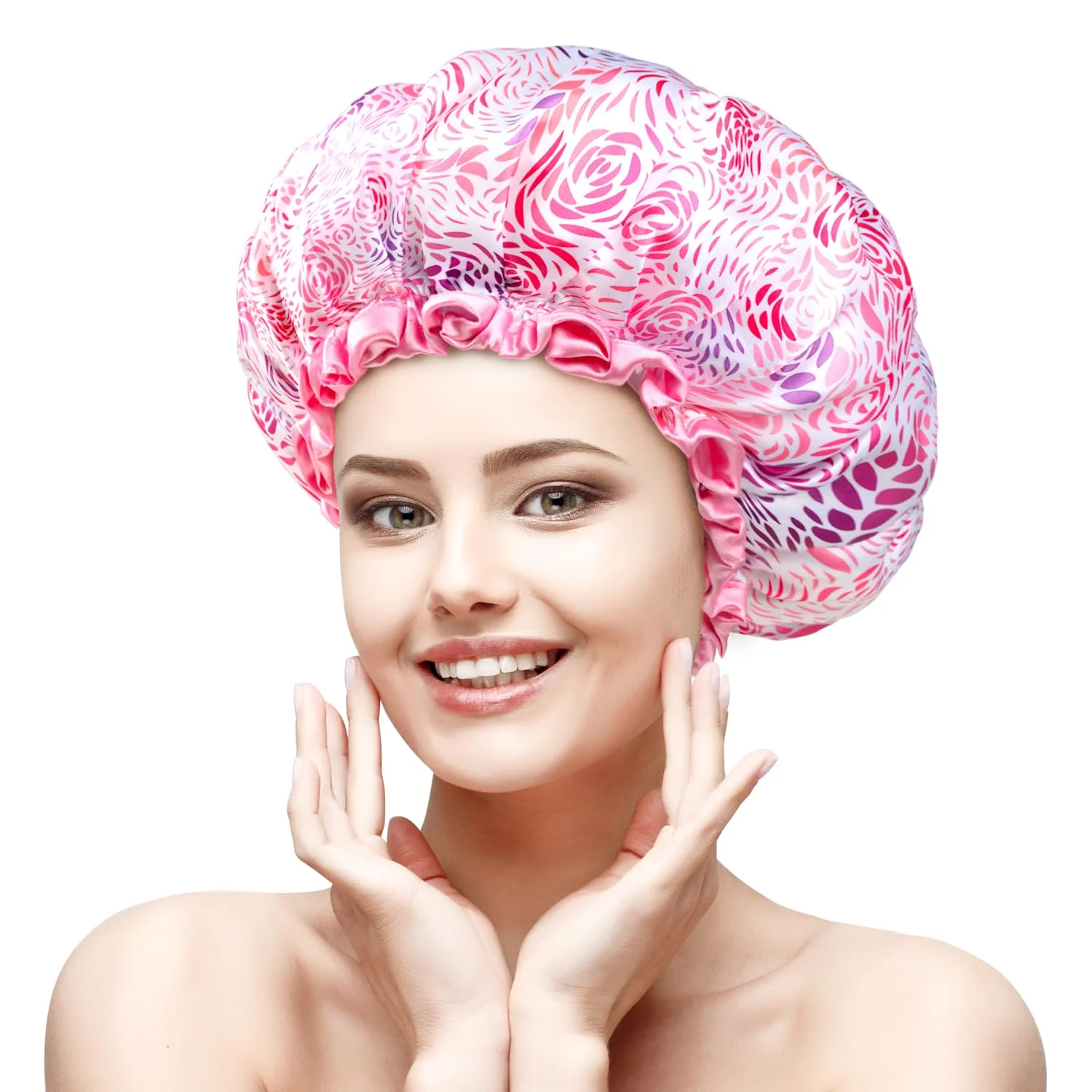 Responsible mikimini Large Shower Cap for Women Long Hair 1 Pack Romantic Petal Design Double Layer Waterproof Reusable Washable High-quality Floral Print Next-Generation