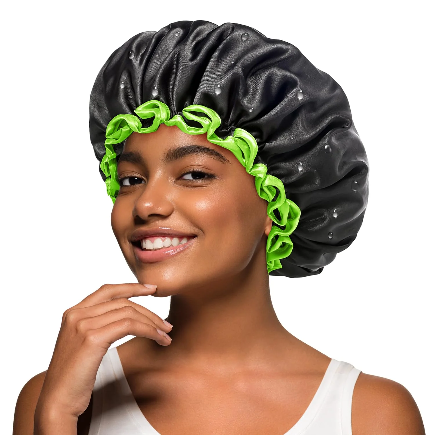 Flexible mikimini Black Shower Cap for Women Men Girls 1 Pack Reusable Double Layers Waterproof Bathing Shower Hat with Soft Comfortable PEVA Lining Minimalist