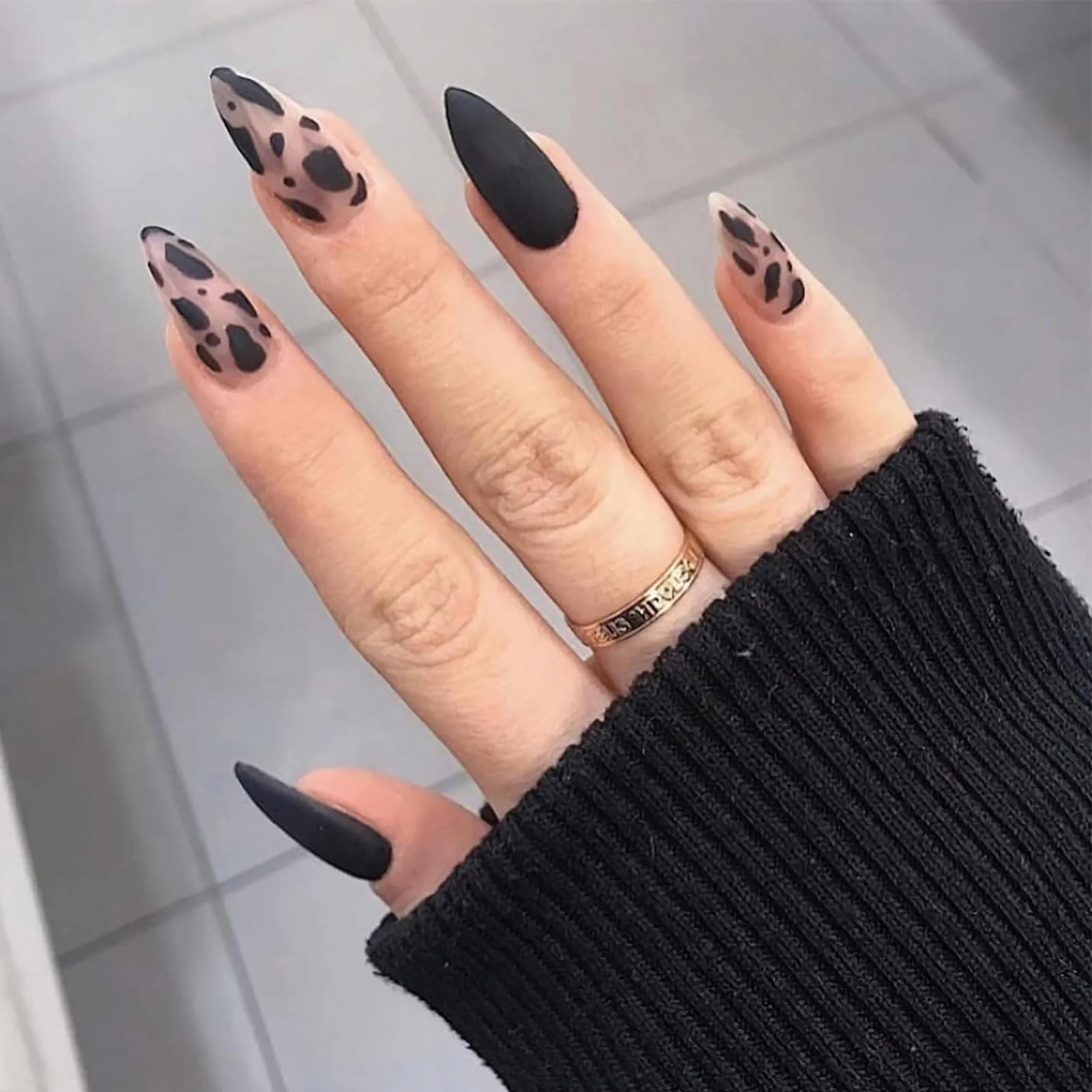 Original MISUD Press on Nails - Medium Stiletto Glue on Nails with Black Cheetah Acrylic Matte Leopard Design 24 pcs Top-Quality