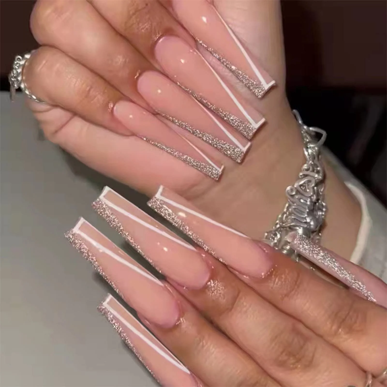 Official MISUD Press on Nails - Long Coffin Fake Nails with Pink Acrylic Bling Glitter Design 24 pcs User-Friendly