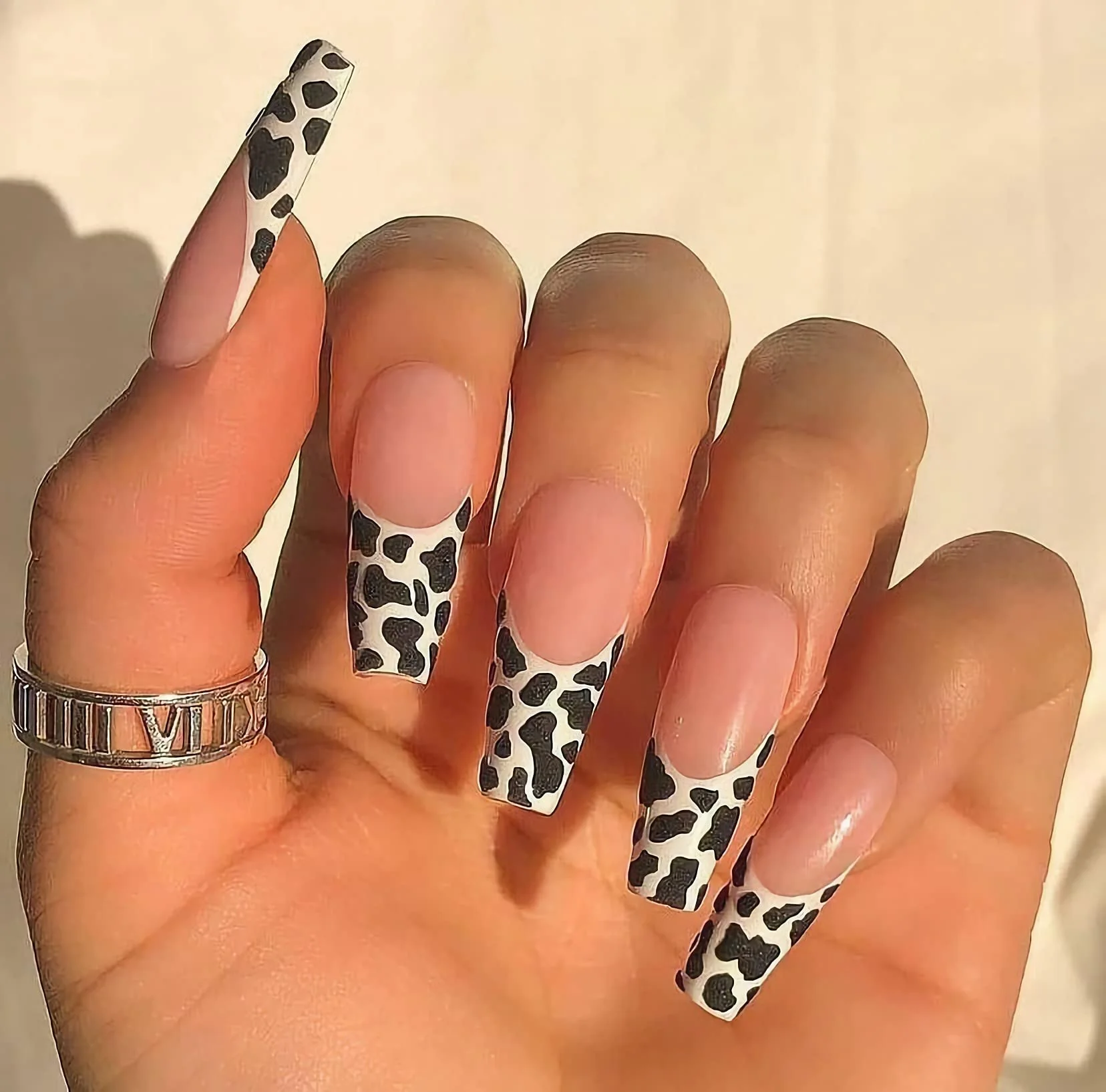 Soft MISUD Press on Nails - Long Coffin Fake Nails with Cow Print Acrylic French Tip Design 24 pcs Enhanced
