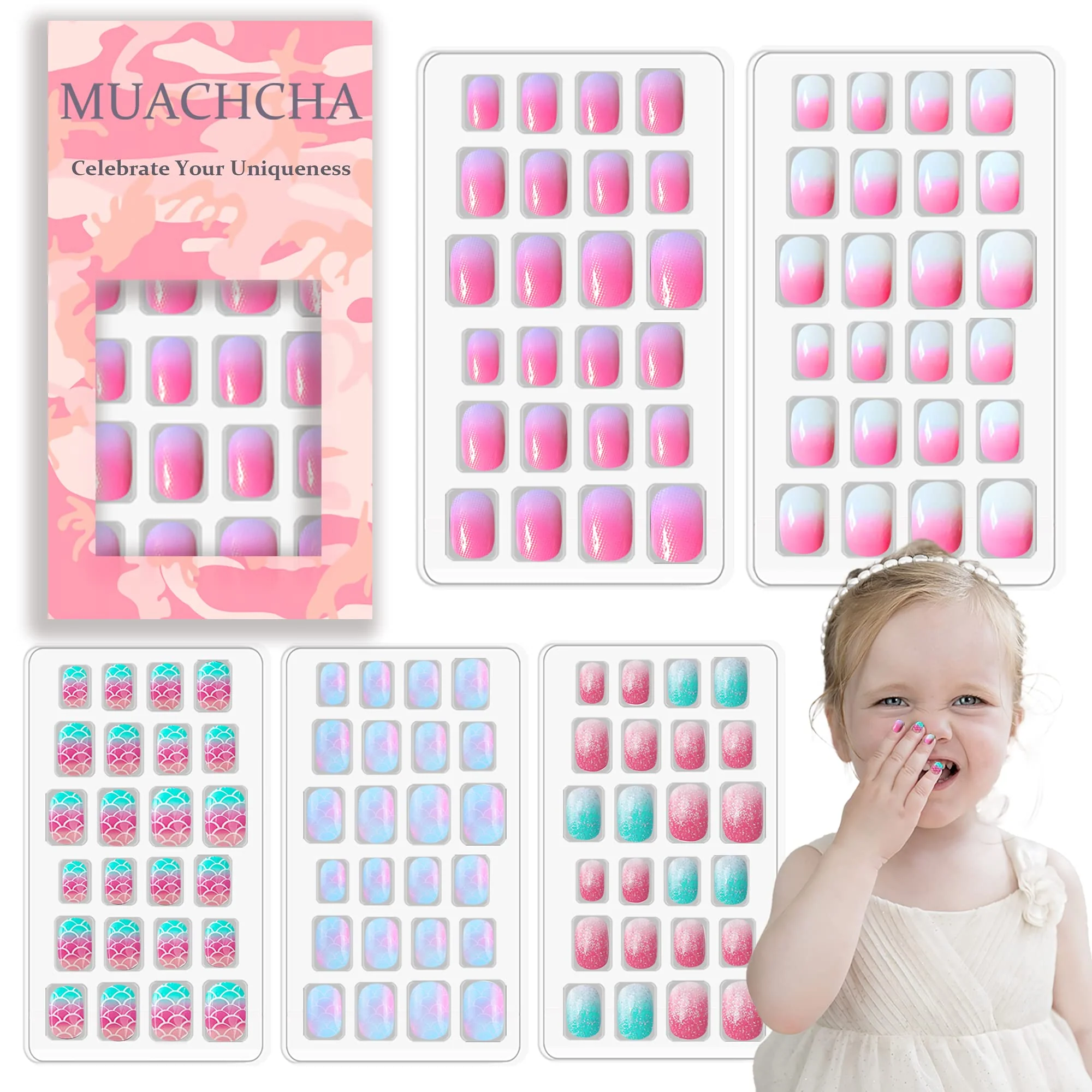 Professional MUACHCHA 120 Pcs 5 Pack Children Acrylic Glitter False Nails Press on Nails Pre-glue Full Cover Fake Nail Tips Stick Cute Cartoon Short Artificial Casual