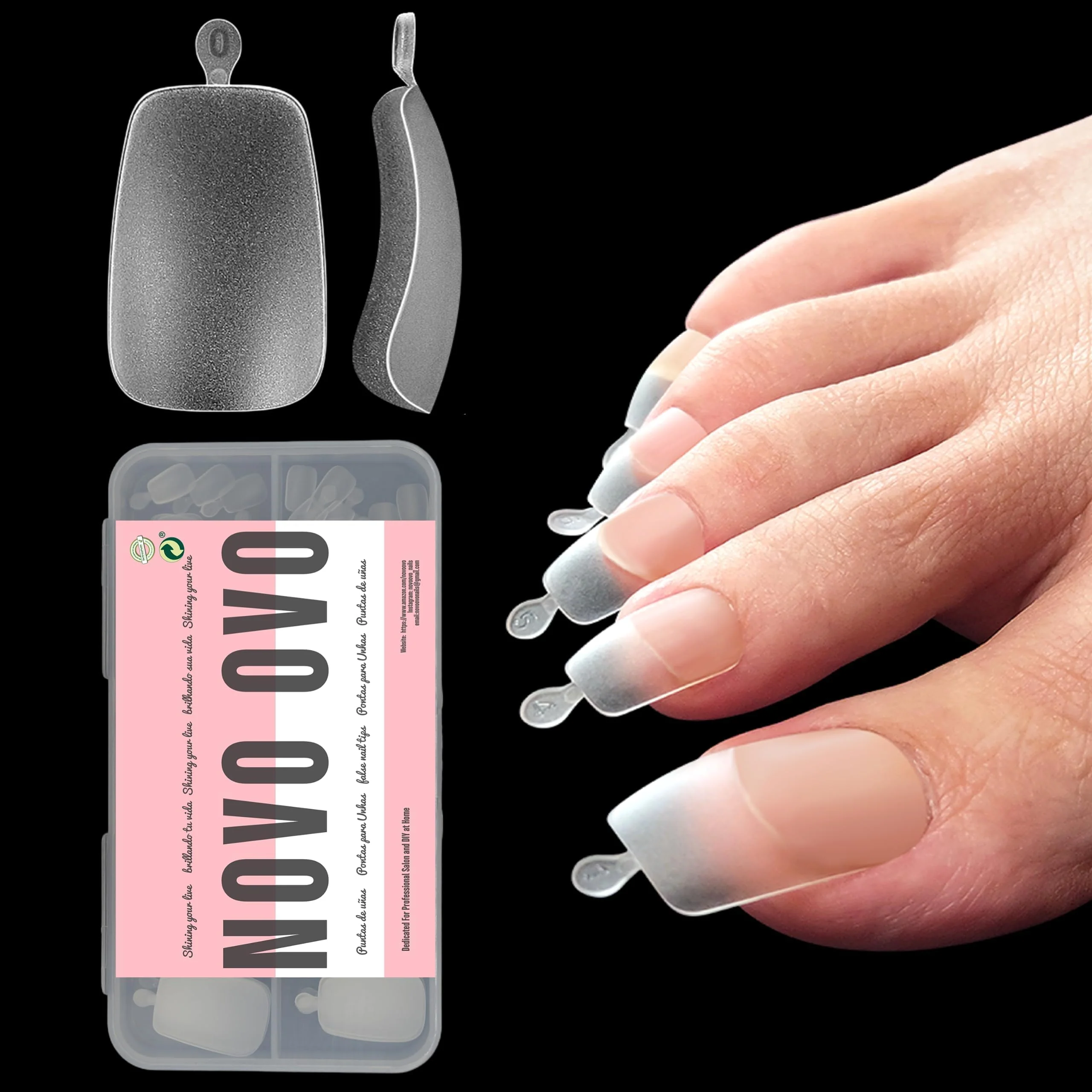 Next-Generation NOVO OVO 120 pcs Long Toe Nail Tips Press on Curved Full Cover Longtoes Claw Clear Double Matte Pre-filed Nail Extension for Pedicure Acrylic Premium