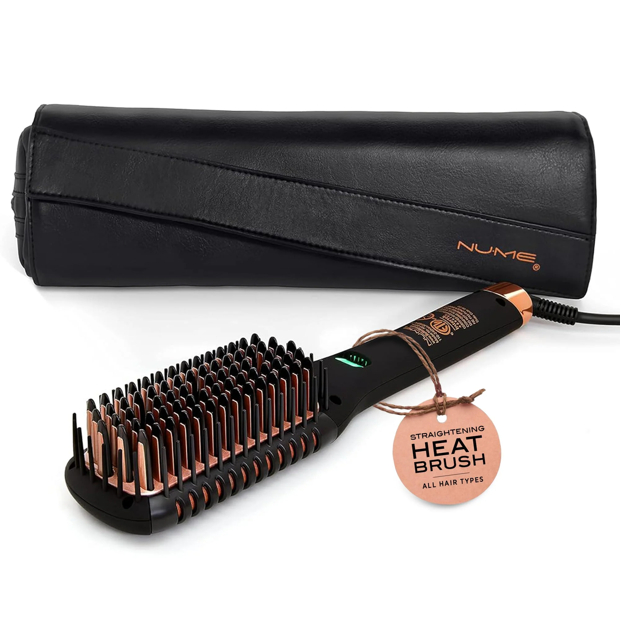 Green NuMe Ionic Straightening Brush - Ionic Smoothing Brush - Tourmaline Ceramic Bristles Heated Edges with Negative Ion Conditioning Far-Infrared Heat Optimized