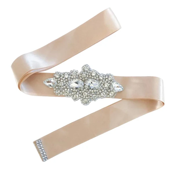 Stylish Max crystal rhinestone flower ribbon bridal wedding dress belt sash Khaki World-Class