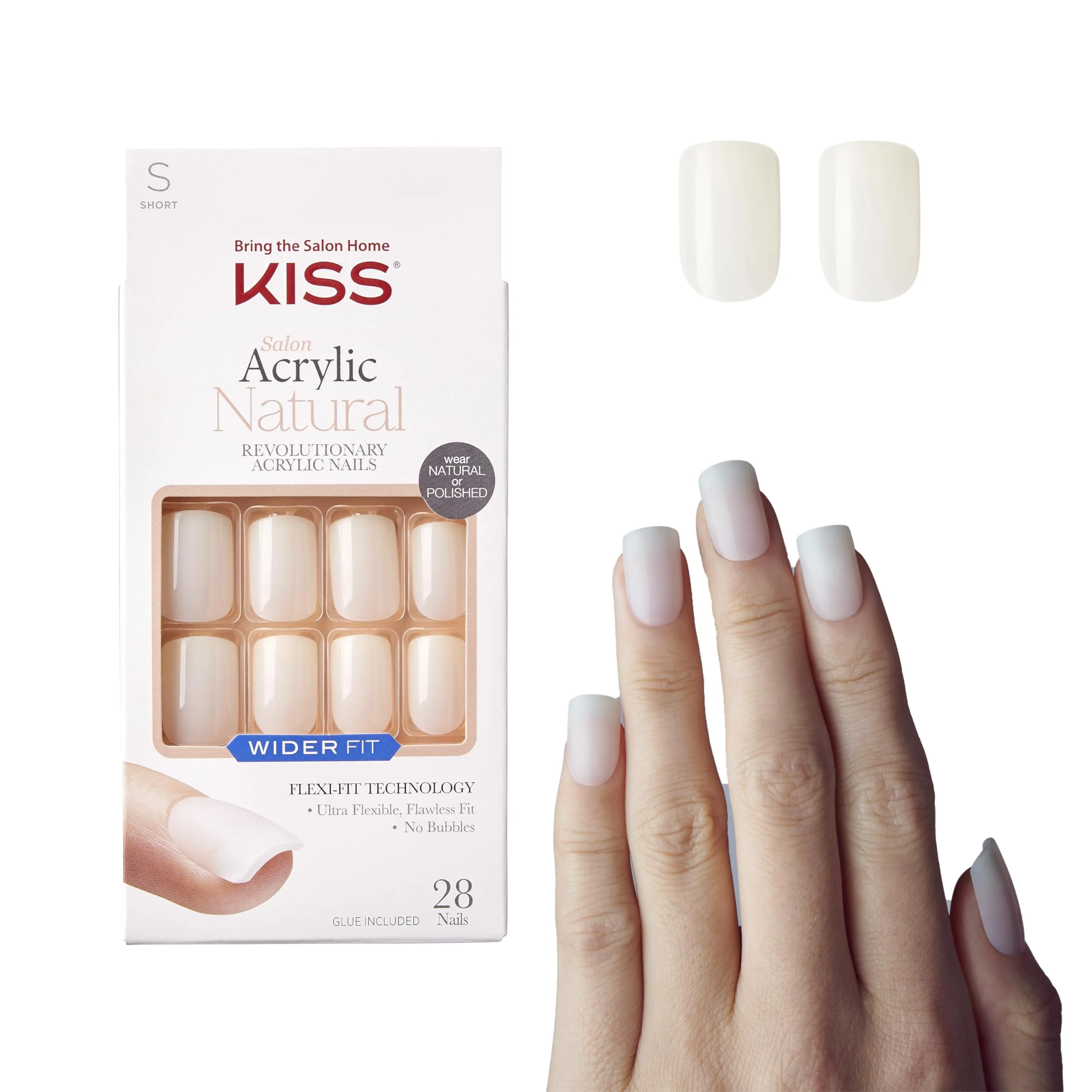 Fine KISS Salon Acrylic Wider Fit Natural Fake Nails Rare 28 Acrylic-Infused Bubble- Flexible Durable False Glue-On Nails Elite