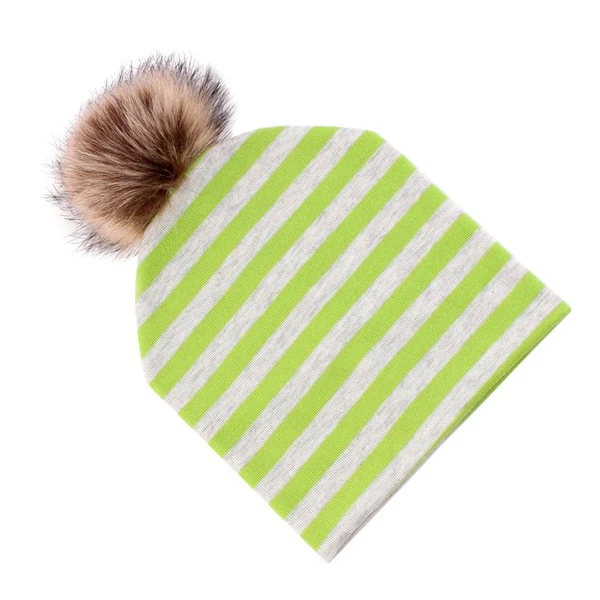 Environmentally Friendly Max Baby Hat Faux Fur Baby Cap Cotton Pompom Bobble Hat for Kids Green Stripe Soft
