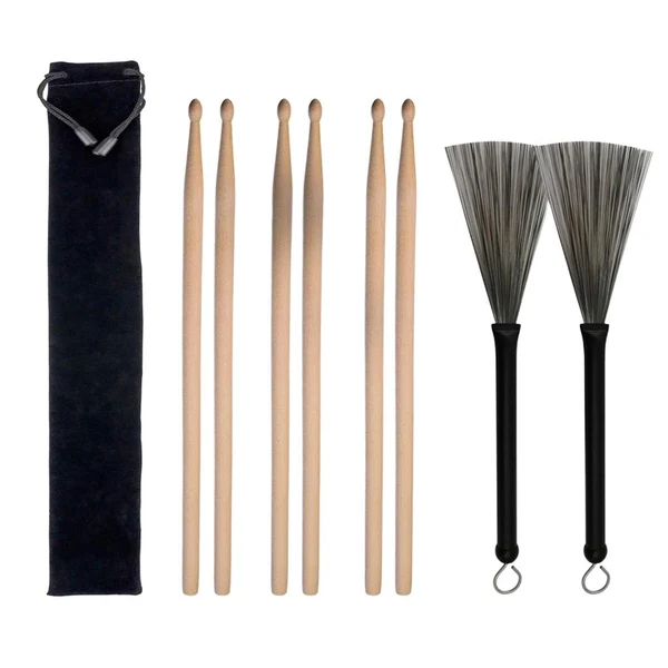Artisan Max 3 Pairs Drum Sticks Size 5A Maple Wood and 1 Pair Wire Brushe with a Bag Convenient