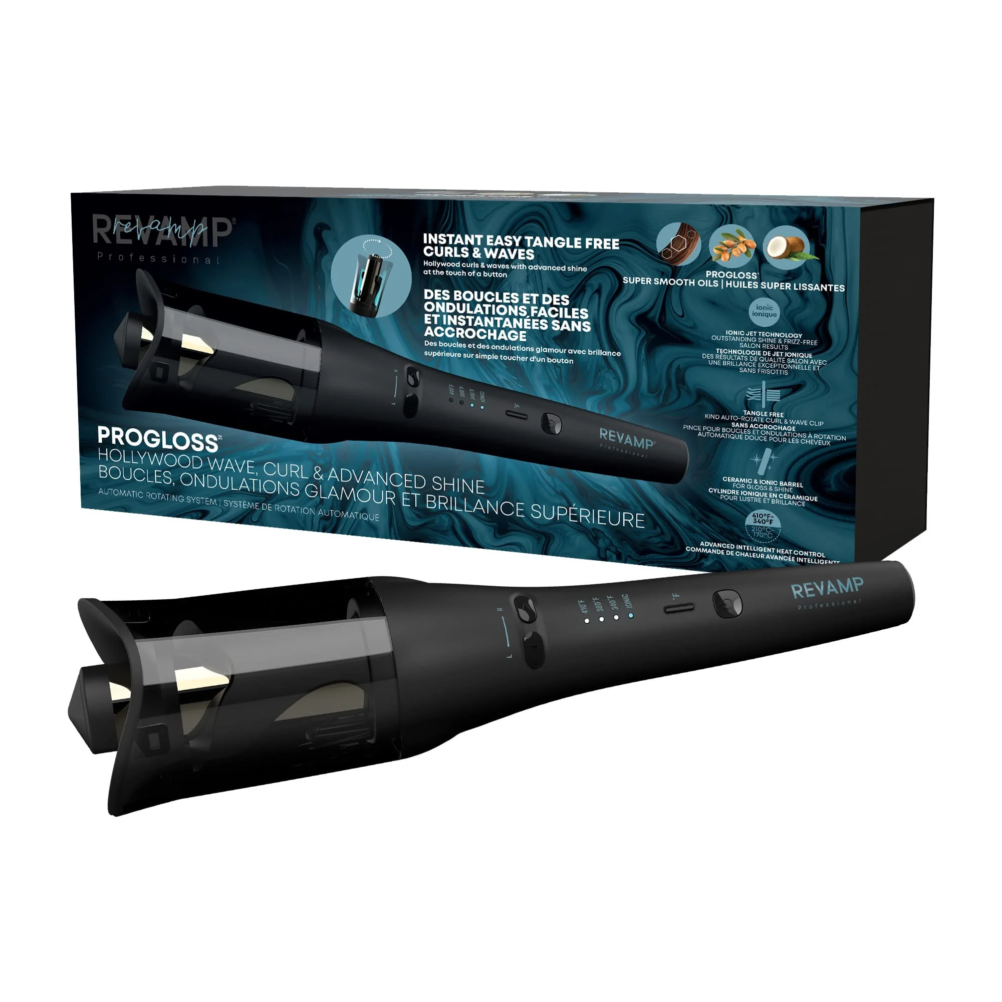 Versatile Revamp Progloss Hollywood Automatic Curling Iron - Advanced Shine Rotating Curling Iron with Hydrating Dual Ionic Jets Ceramic Barrel Infused Recyclable