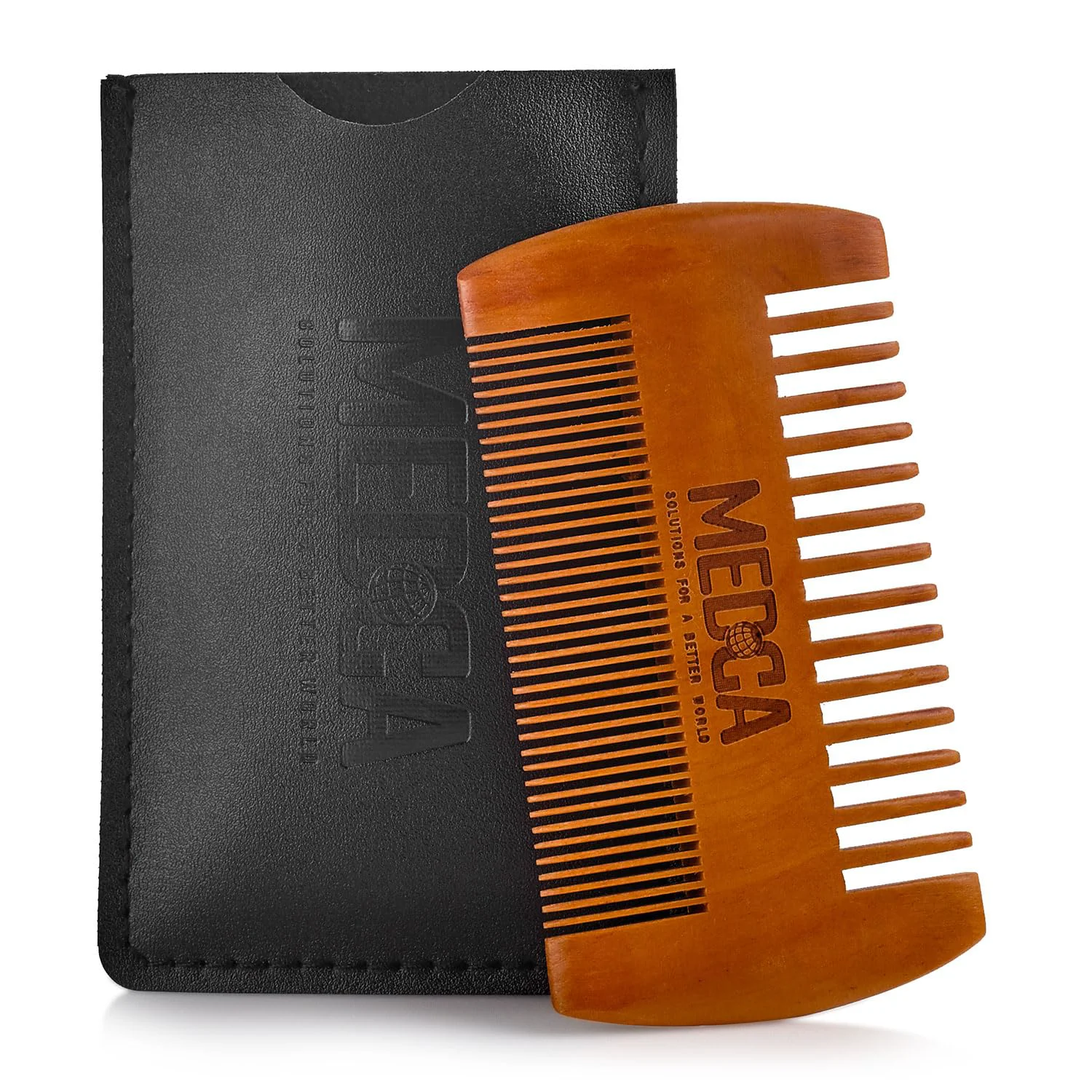 High-Grade Wooden Beard Comb With Leather Case - Handcrafted Solid Beechwood Beard Mustache and Head Hair Pocket Combs for Men Dual Action Fine Coarse Teeth Specialty