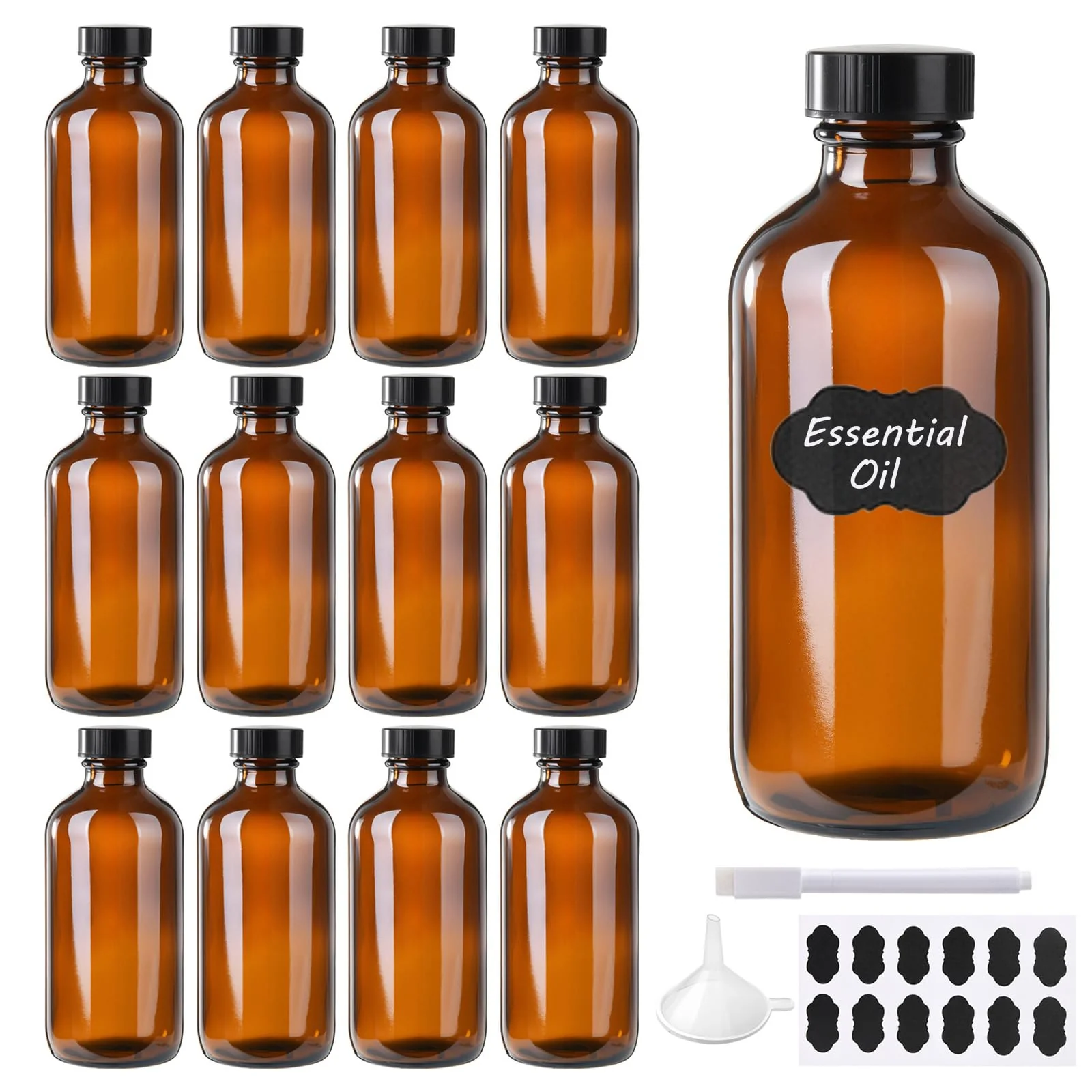 Pure BPFY 12 Pack 8 oz Amber Glass Boston Bottle With Black Poly Cap Funnel Chalk Labels Pen Dispensing Bottles for Homemade Vanilla Extract Essential Sustainable