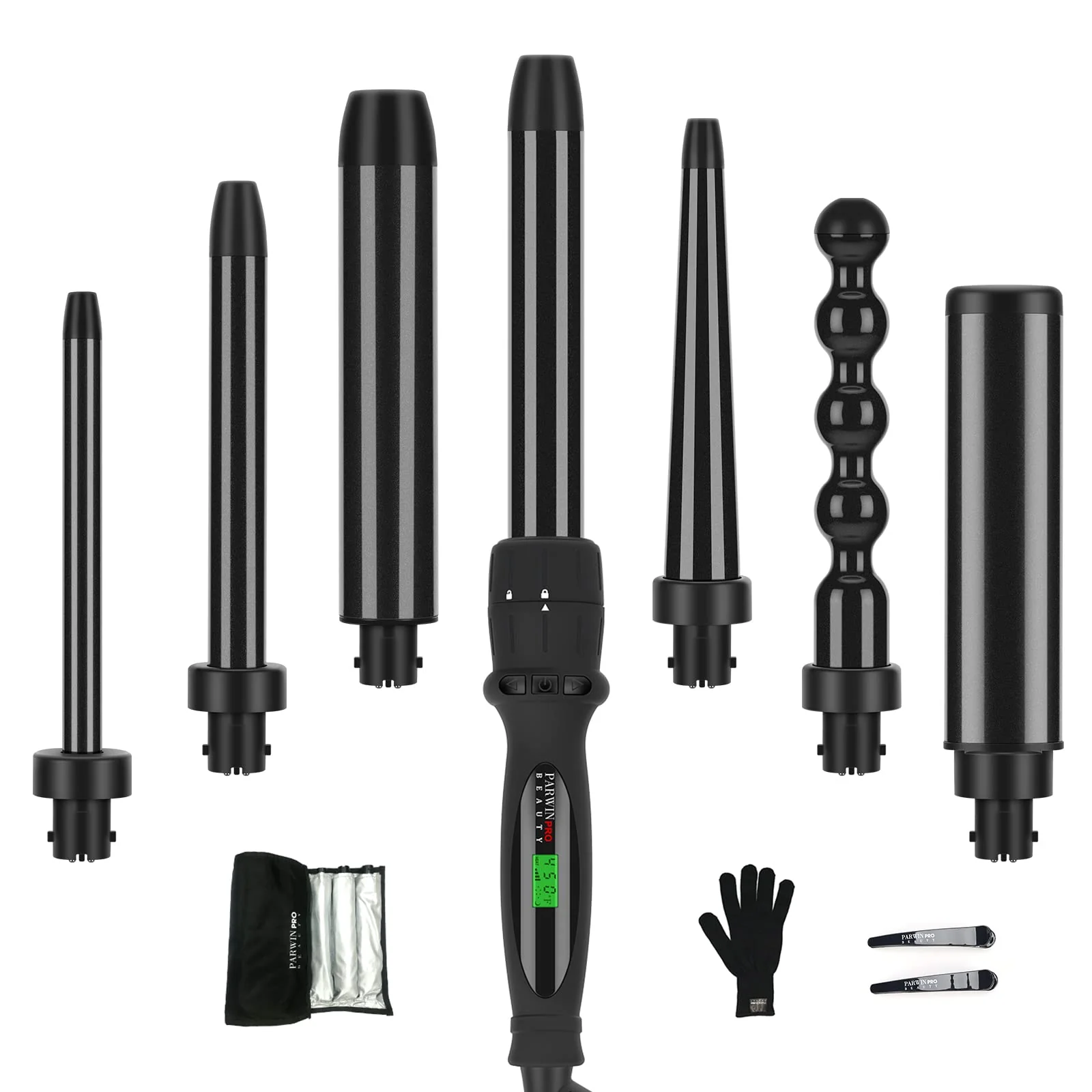 Flexible Curling Iron PARWIN PRO BEAUTY 7 in 1 Curling Wand Set with 7 Interchangeable Barrels and Heat Protective Glove Auto Shut Off Dual Voltage High-Performance