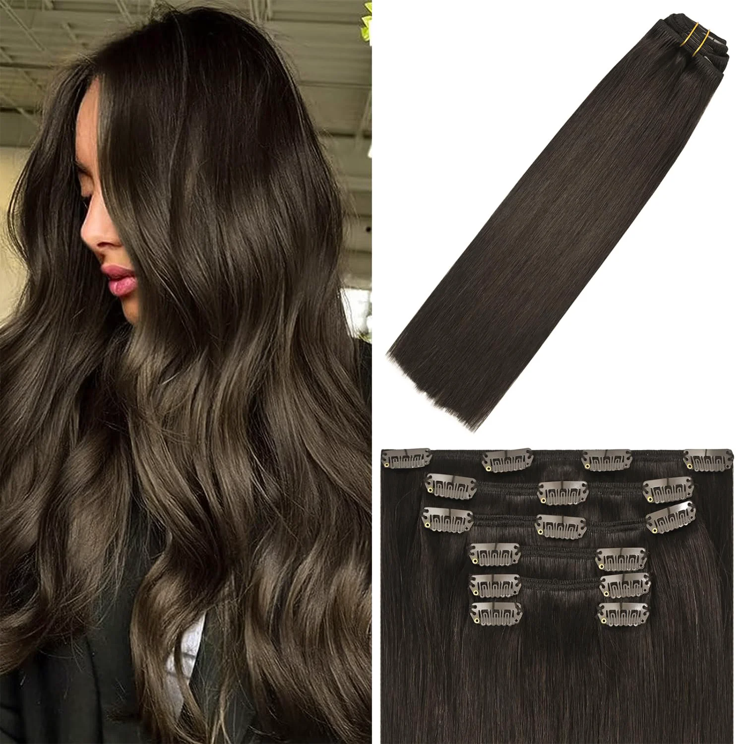 Elite WindTouch Clip in Hair Extensions Human Hair Brown Extensions Clip in 12Inch 75g 7PCS 2 Dark Brown Hair Extensions for Women Original