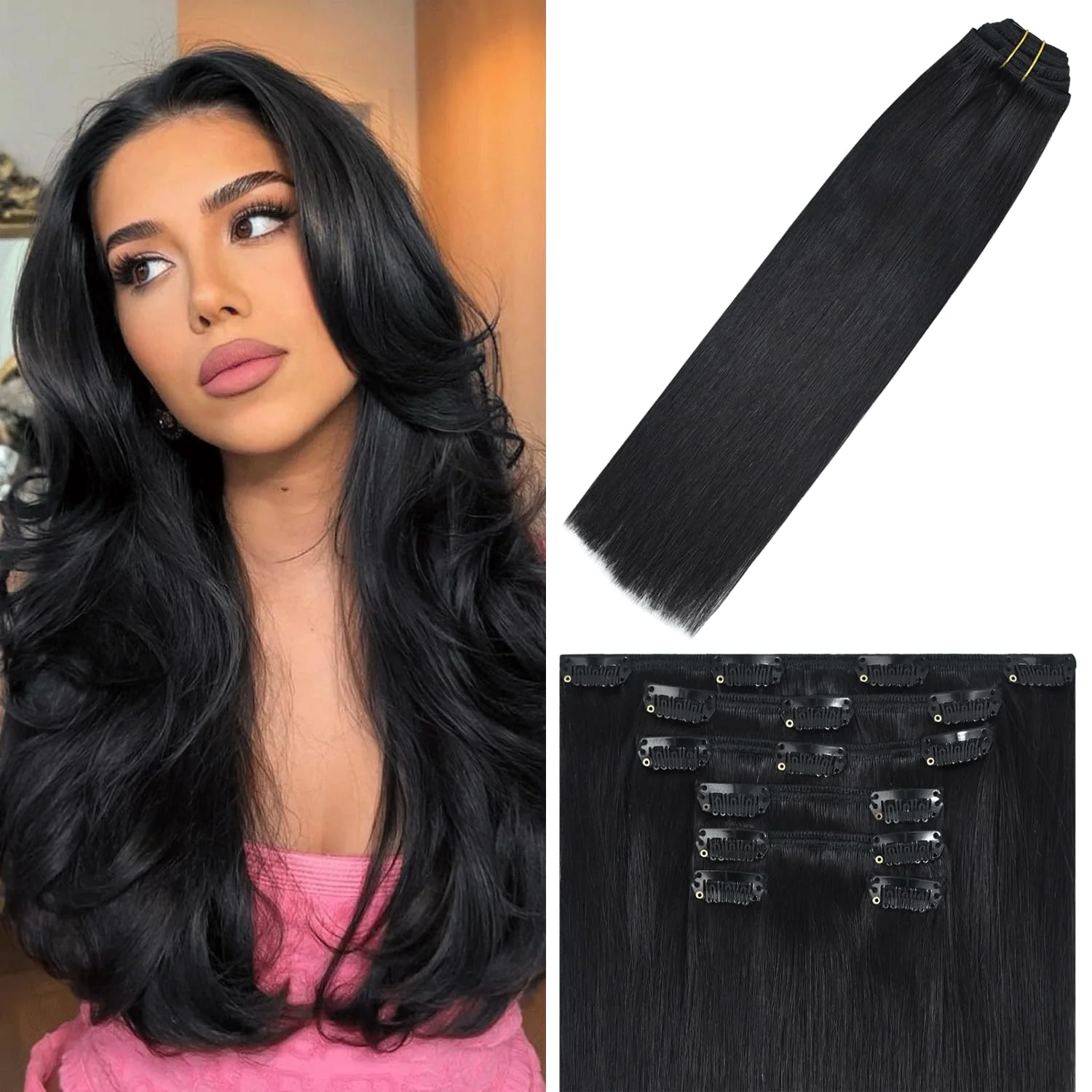 Fast WindTouch Clip In Hair Extensions Human Hair Black Hair Extensions Remy Hair 7pcs 18 Inch 75g 1B Natural Black Clip Ins Human Hair Black Versatile