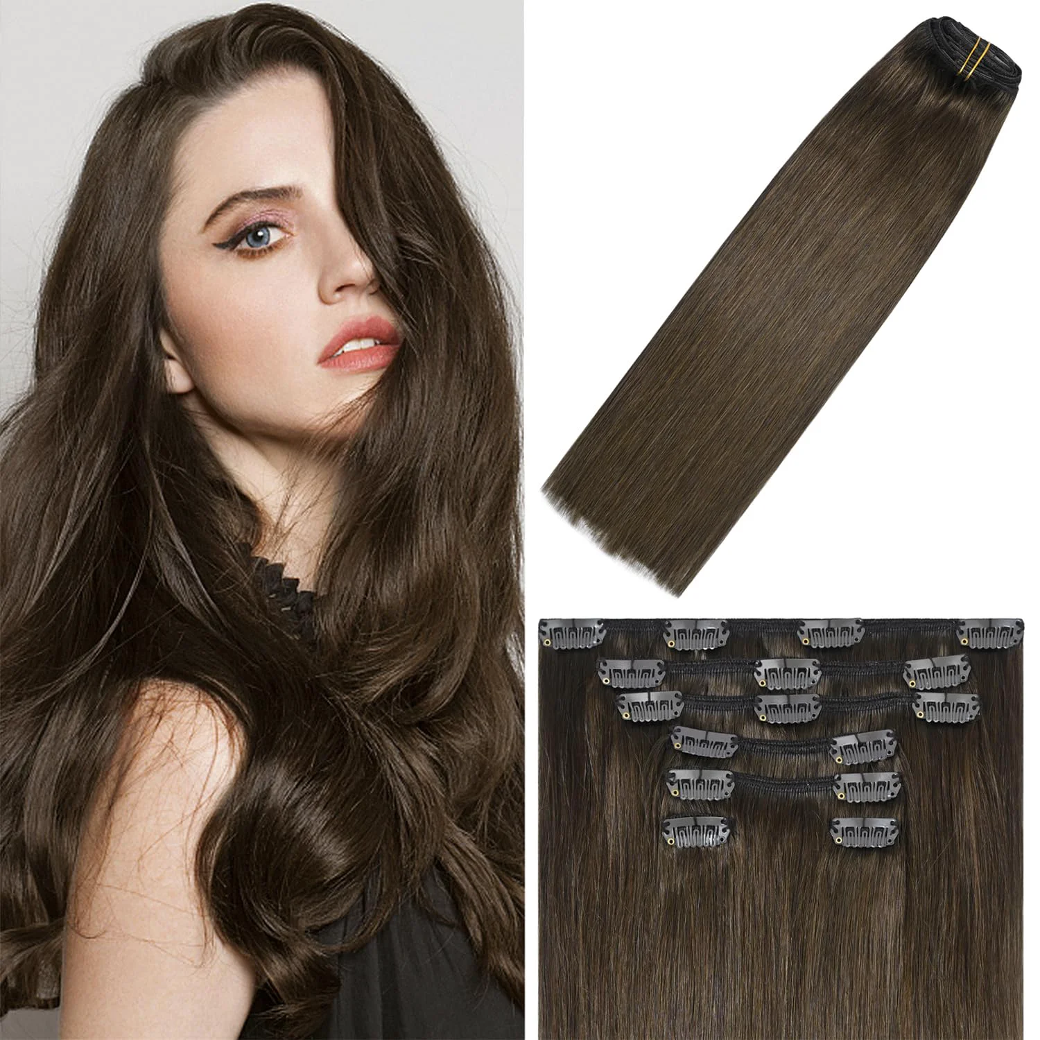 Fashionable WindTouch Clip In Hair Extensions Human Hair Medium Brown Hair Extensions 18Inch 75g 7PCS 4 Chocolate Brown Extensions for women Prestigious
