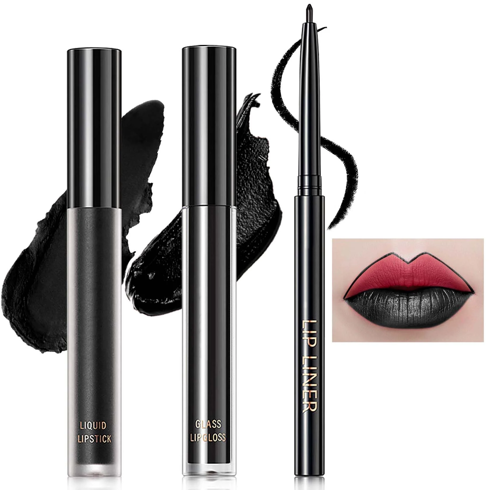 Classic 3 PCS Black Matte Liquid Lipstick and Lipliner Set High Pigmented Matte Lipstick Lipgloss Black Lip Liner Set Long Lasting Waterproof Velvet Liquid Relaxed
