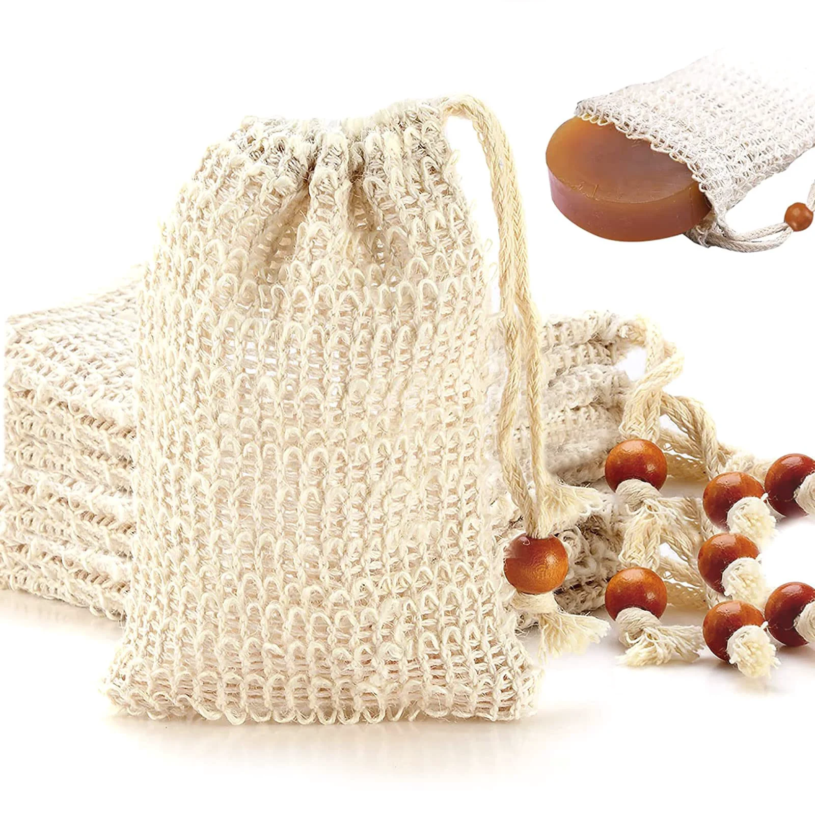 Specialty 8 Pack Soap Bag Natural Sisal Soap Saver Bag Pouch Mesh Waste Exfoliating Foaming and Drying Soap Holder for Shower Crafted