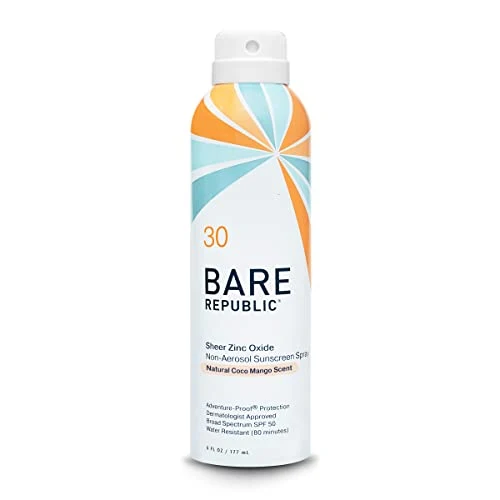 High-End Bare Republic Mineral Sunscreen SPF 30 Sunblock Spray Sheer and Non-Greasy Finish Coconut Mango Scent 6 Fl Oz Artisan