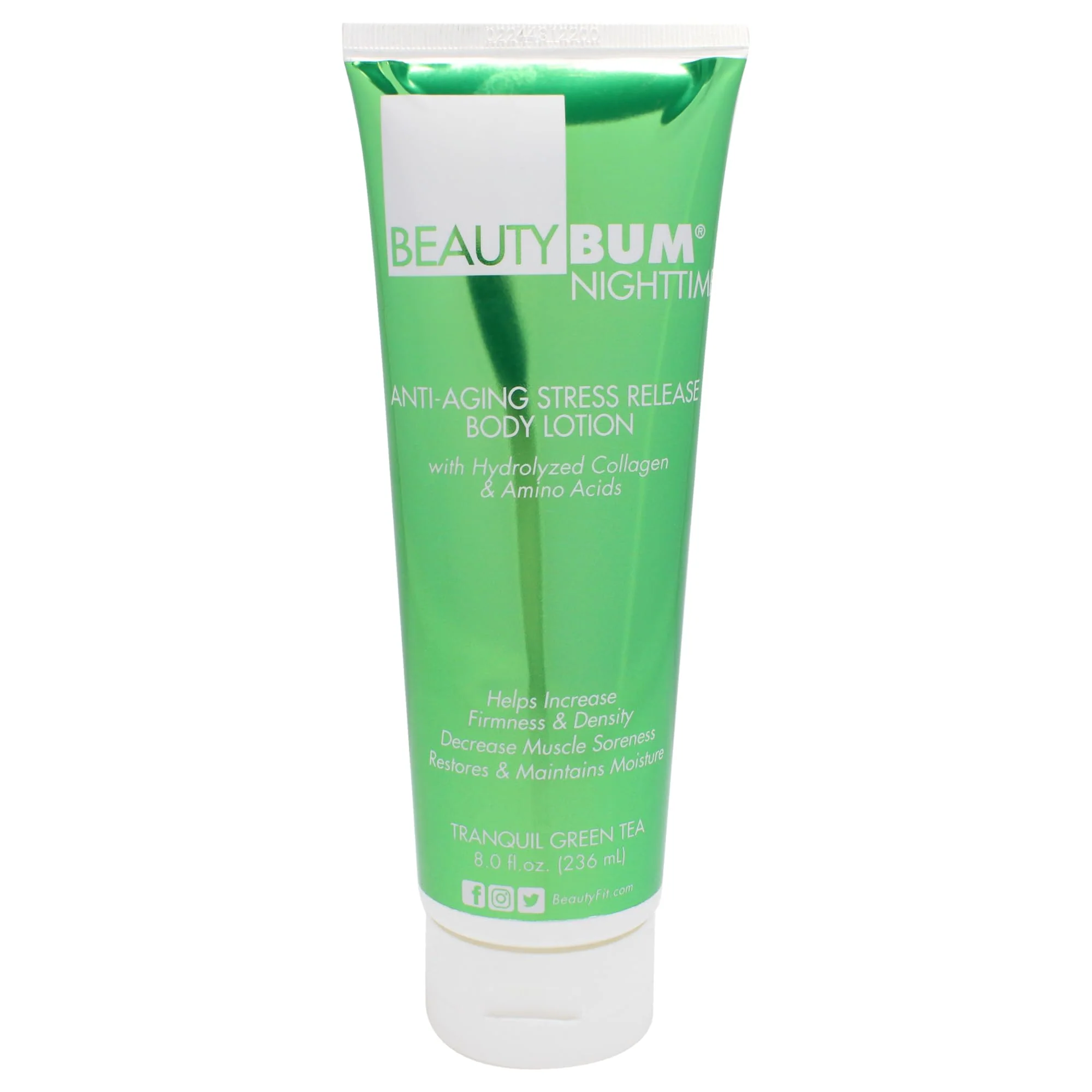 Consistent BeautyFit BeautyBum Nighttime Anti-Aging Stress Release Body Lotion - Helps Muscle Recovery - Moisturizes Smoothes Skin - Tranquil Green Tea - 8 oz Recyclable