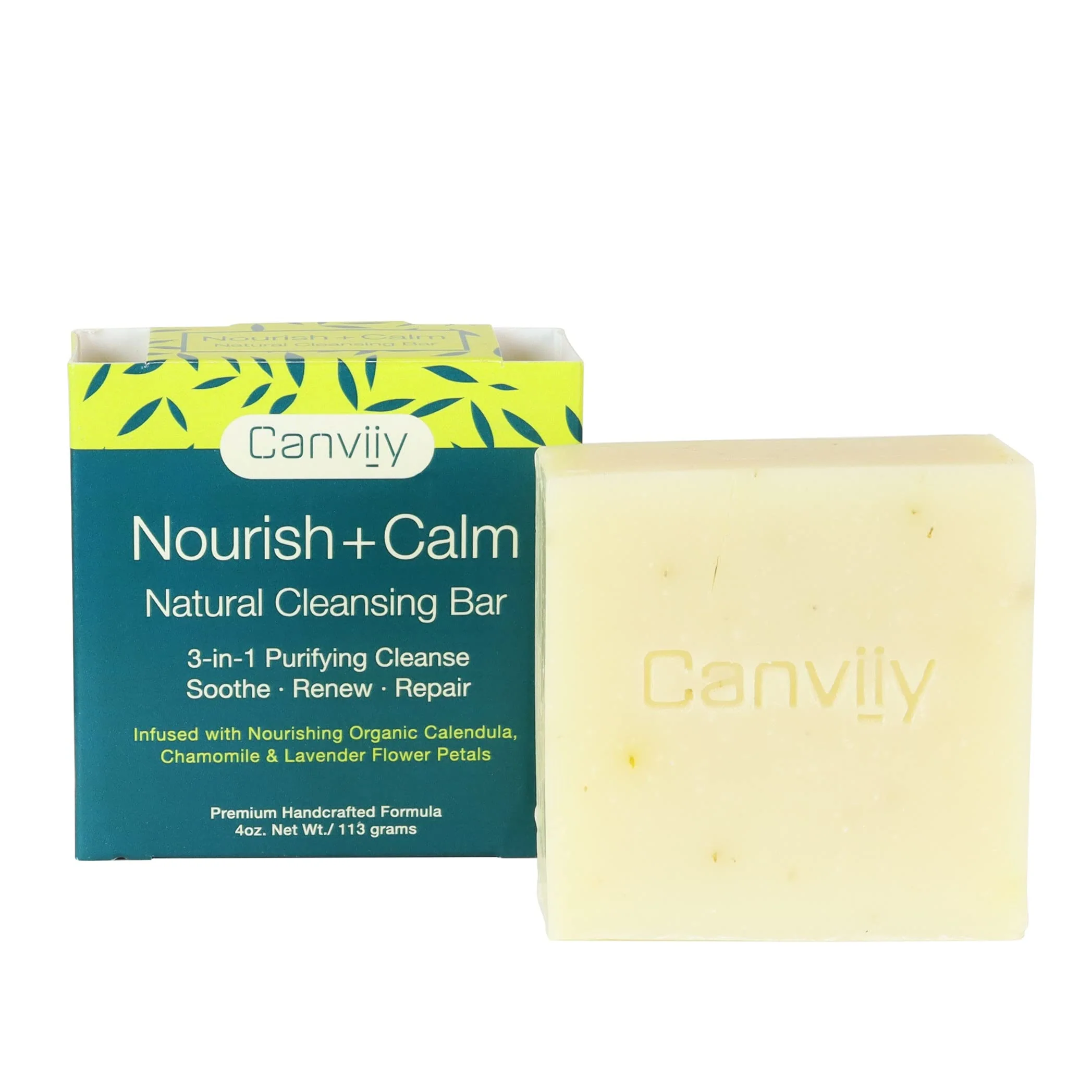 Unique Canviiy 3-in-1 Purifying Nourish Calm Natural Cleansing Bar Infused with Calendula Chamomile Peppermint Oil Witch Hazel and Lavender Petals Environmentally Friendly