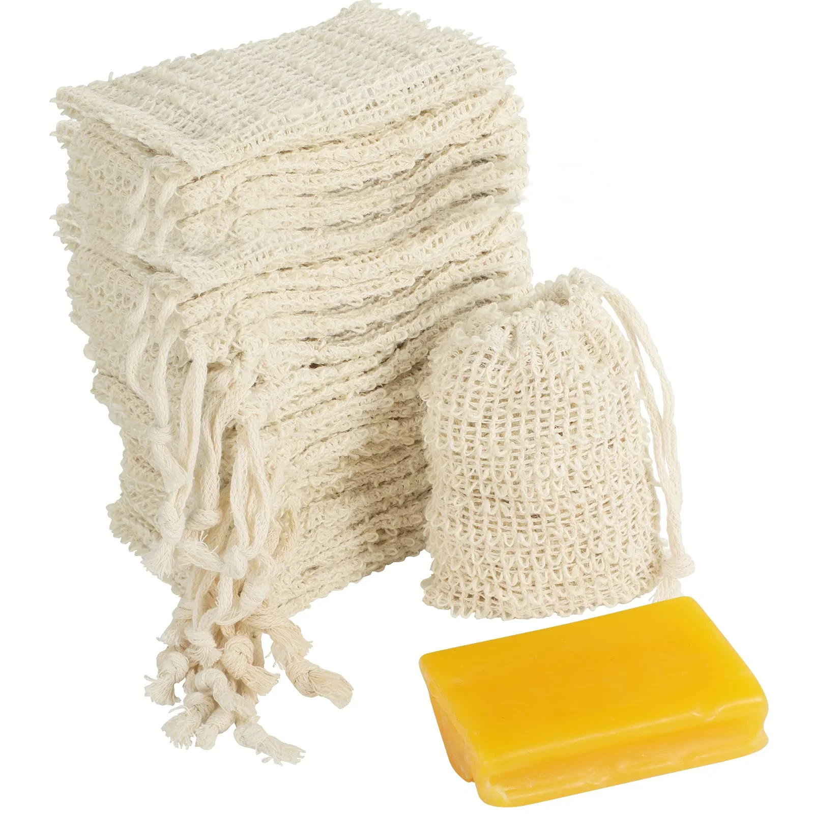 COSYOO 100 Pcs Sisal Soap Saver Bag with Drawstring Plastic- Soap Saver Bags Reusable Natural Bubble Exfoliating Pouch for Bath Shower Zero Practical
