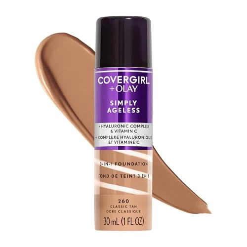 Quality COVERGIRL Olay Simply Ageless 3-in-1 Liquid Foundation Matte Finish Hyaluronic Vitamin C Formula 260 Classic Tan 1 Count Luxury