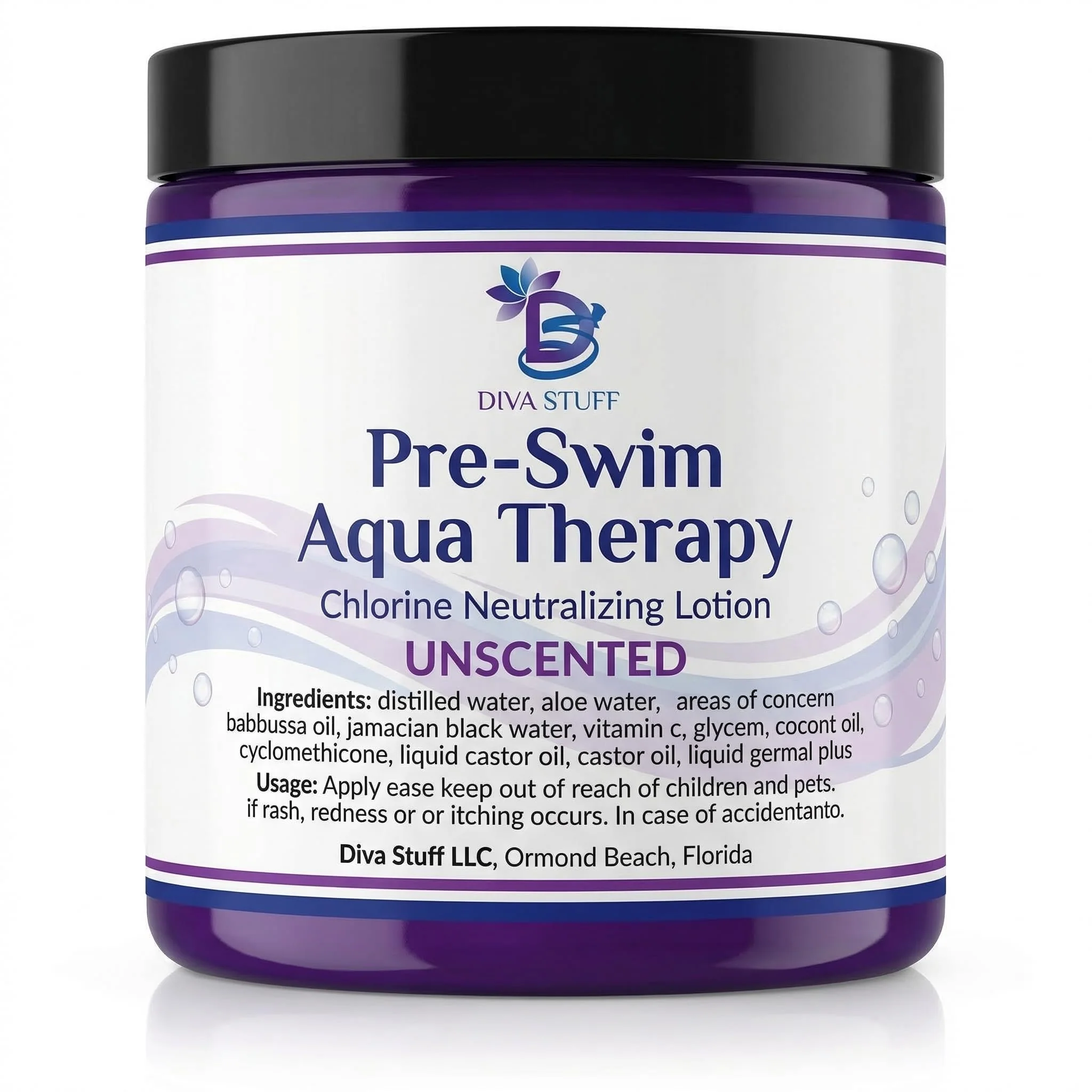 Advanced Diva Stuff Pre-Swim Aqua Therapy Chlorine Neutralizing Body Moisturizing Lotion for Swimmers Protects Skin from Chlorine Salt Water 8 oz - Made Organic