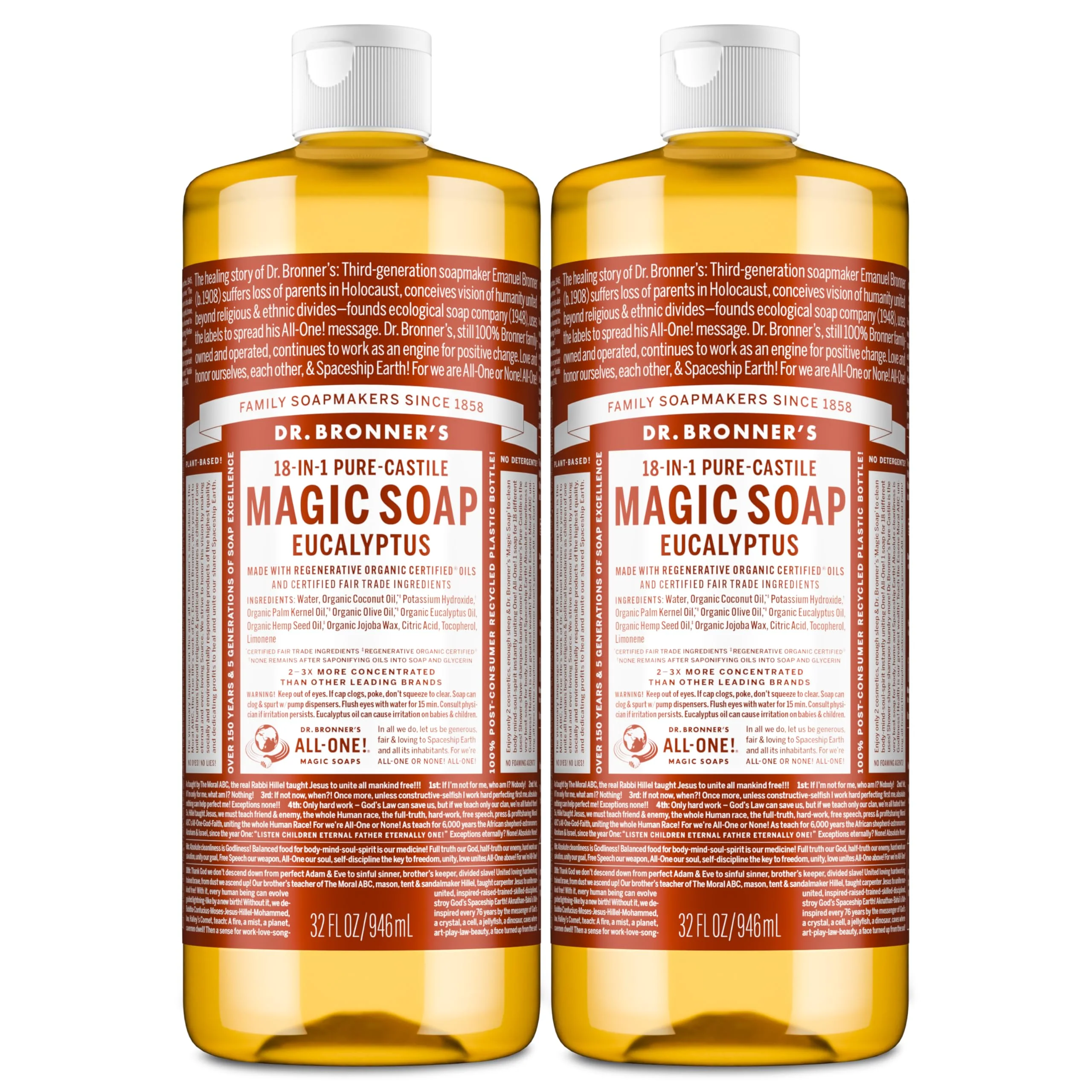 Healthy Dr. Bronner's Soap - Pure-Castile Liquid Soap Eucalyptus 32 ounce 2-Pack -Regenerative Organic Oils 18-in-1 Uses Body Hair Unique