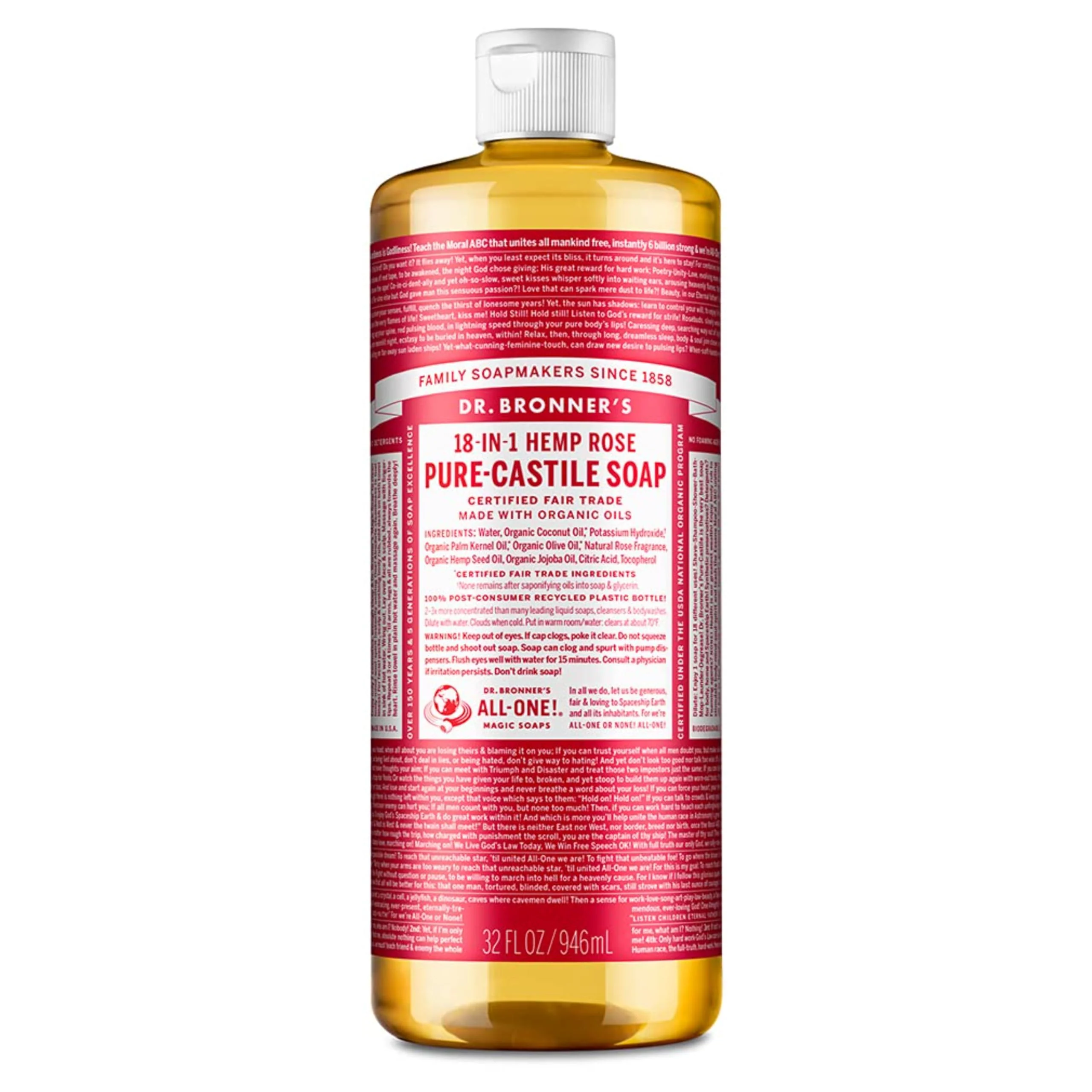 Healthy Dr. Bronner's Soaps 18-In-1 Hemp Rose Pure Castille Soap 32-Ounce Bottles Crafted