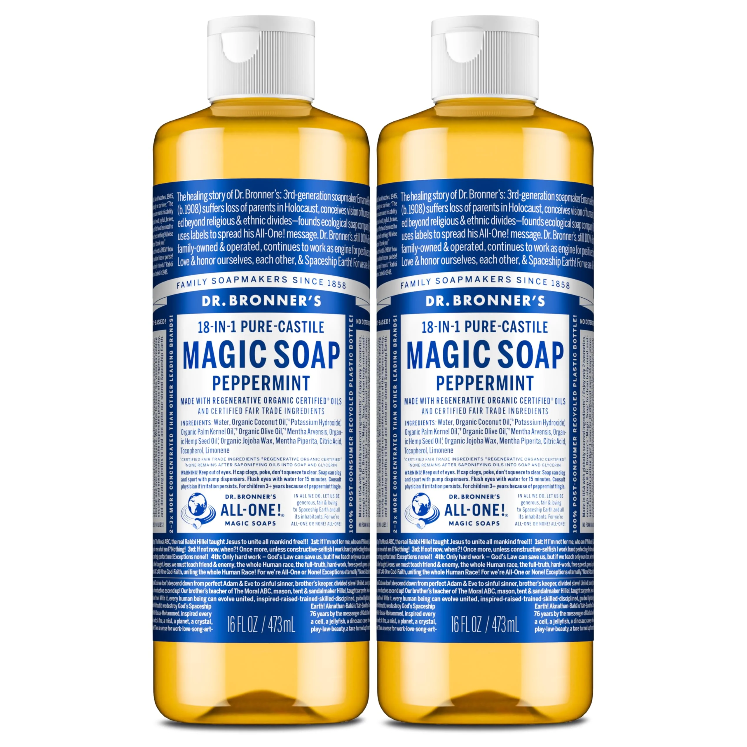 Easy-to-Use Dr. Bronner's Soap-Pure-Castile Liquid Soap Peppermint 16 ounce 2-Pack -Regenerative Organic Oils 18-in-1 Uses Body Hair Versatile