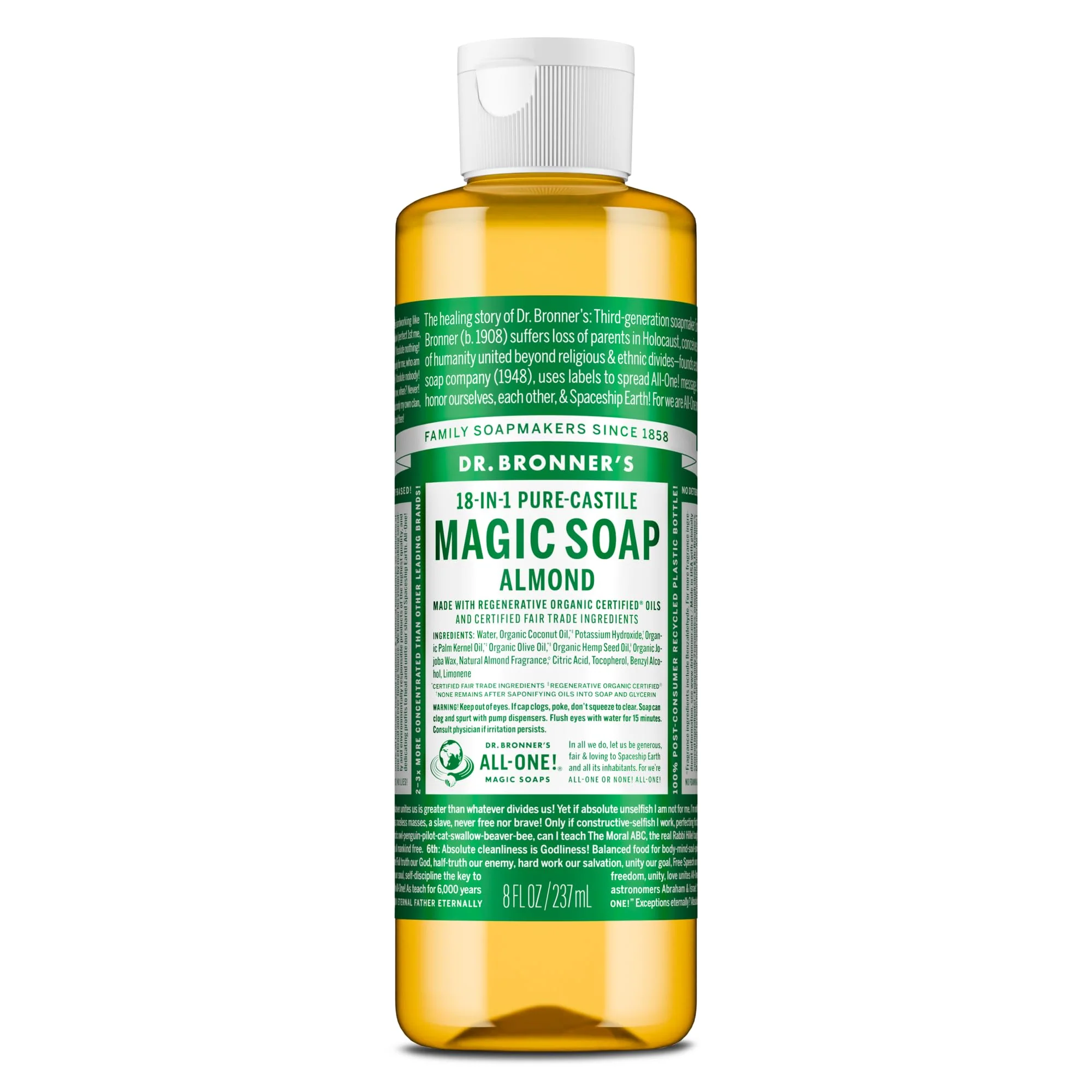 Functional Dr. Bronner's Pure-Castile Soap Liquid Almond 8 Ounce - Made with Regenerative Organic Oils 18-in-1 Uses Face Body Hair Optimized