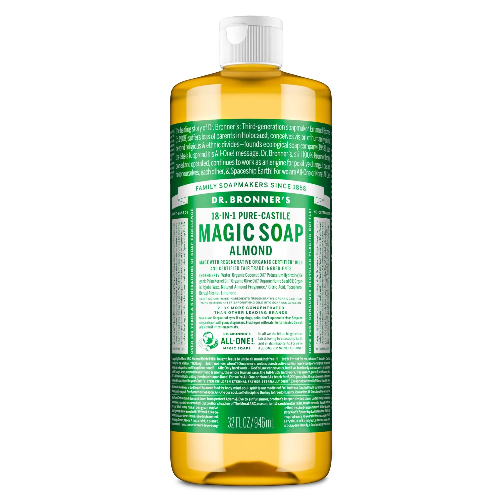 Next-Generation Dr. Bronner's Pure-Castile Soap Liquid Almond 32 Ounce - Made with Regenerative Organic Oils 18-in-1 Uses Face Body Hair Advanced