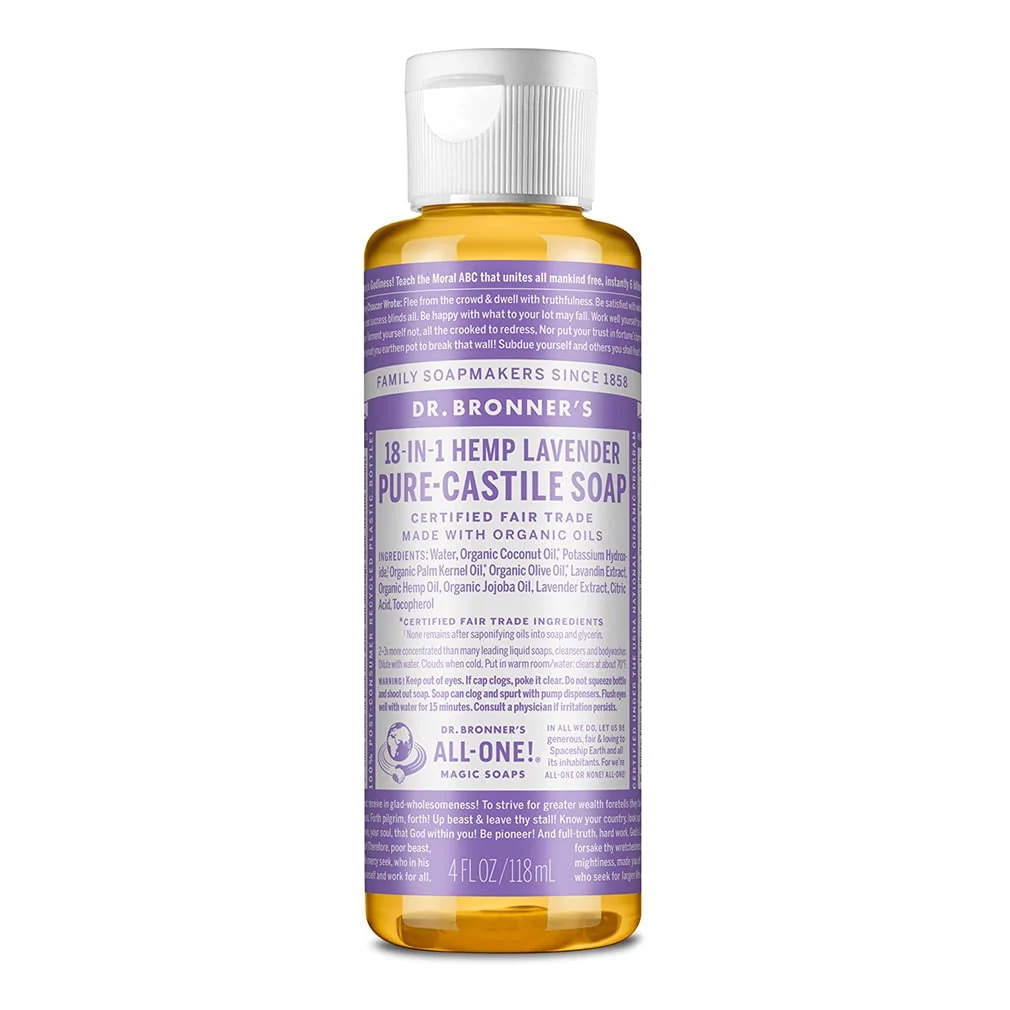 Luxury Dr. Bronner's - Pure-Castile Liquid Soap Lavender 4 ounce - Made with Organic Oils 18-in-1 Uses Face Body Hair Laundry Pets and Dishes Environmentally Friendly