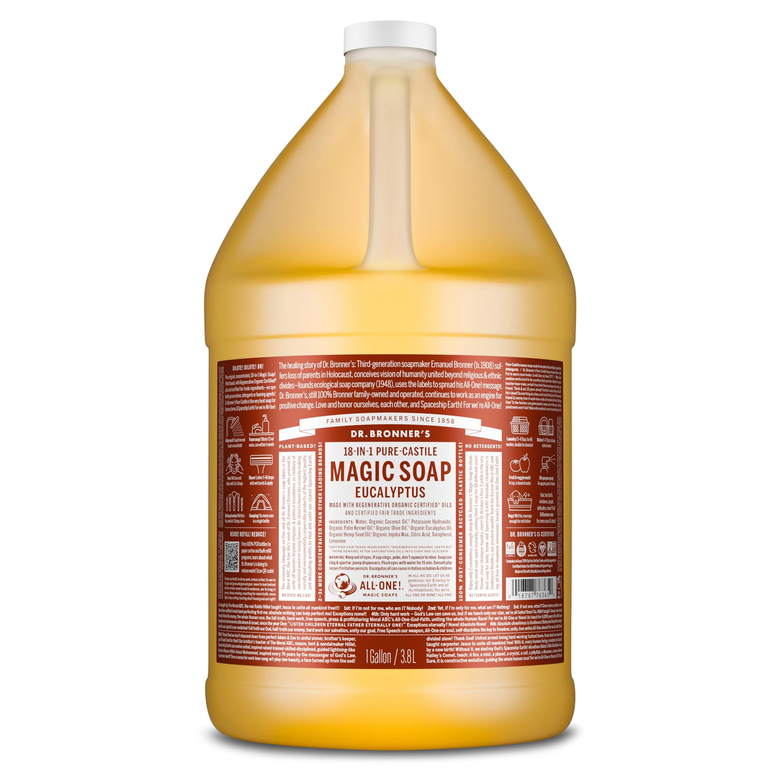 Healthy Dr. Bronner's Pure-Castile Soap Liquid Eucalyptus 1 Gallon - Made with Regenerative Organic Oils 18-in-1 Uses Face Body Hair Premium