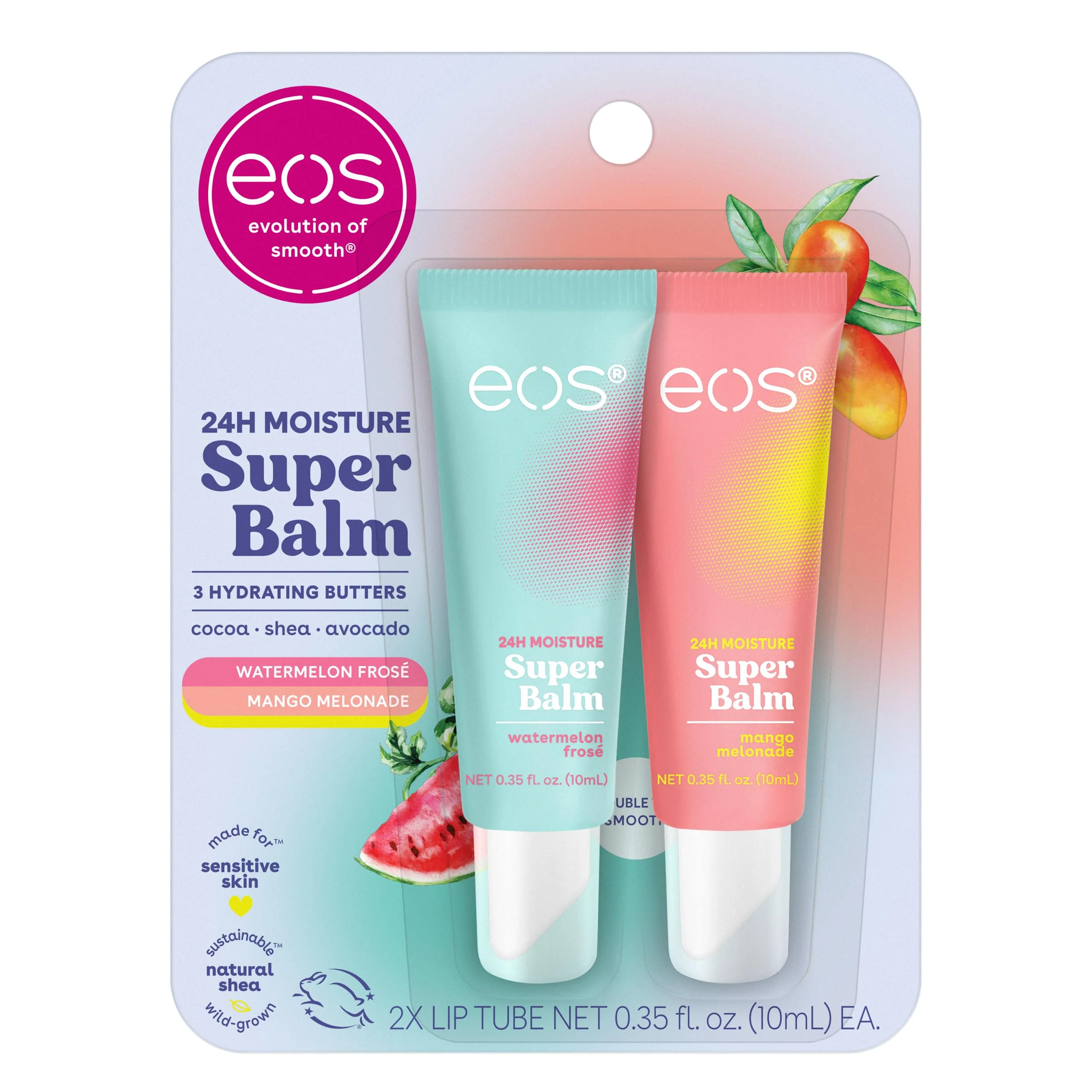 Sustainable eos 24H Moisture Super Balm- Watermelon Frosé Mango Melonade Lip Mask Day or Night Lip Treatment Made for Sensitive Skin 0.35 fl oz 2-Pack Practical