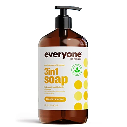 High-Grade Everyone 3-in-1 Soap Body Wash Bubble Bath Shampoo 32 Ounce Pack of 1 Coconut and Lemon made with Essential Oils for Men and Women Excellent