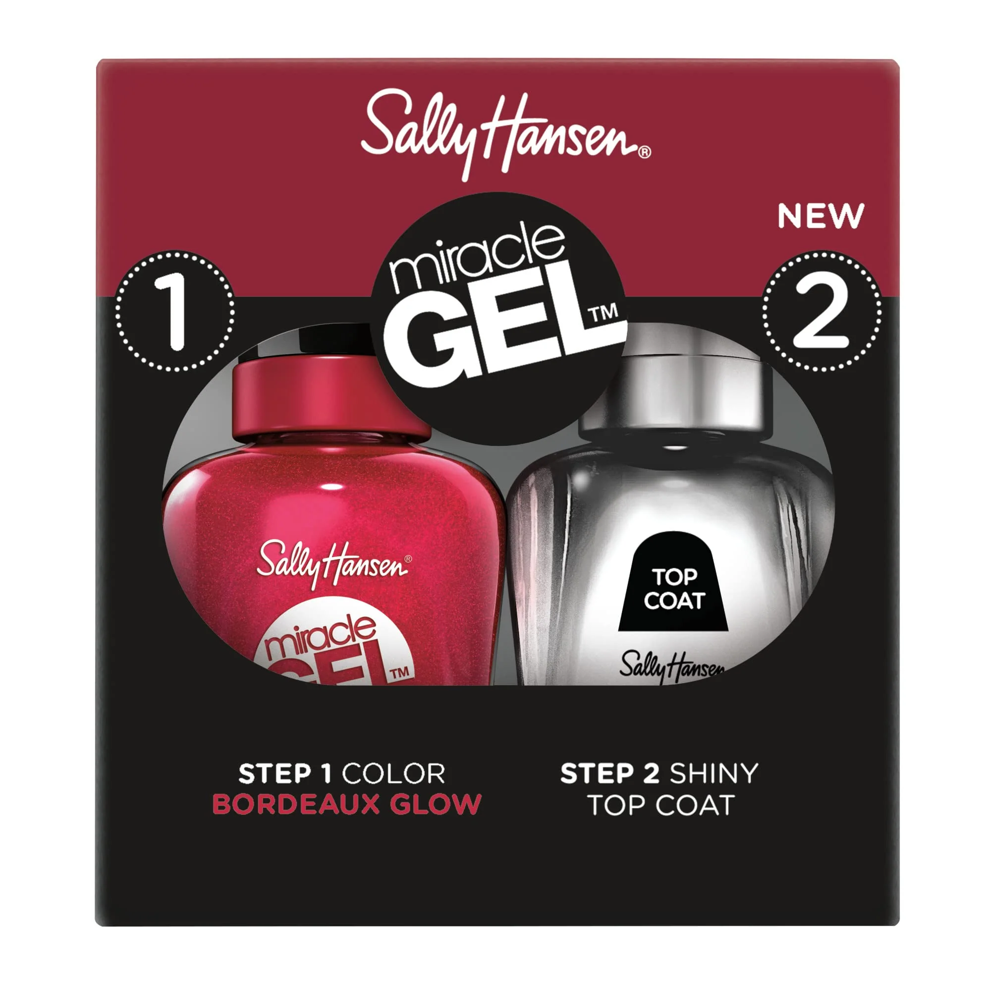 Recyclable Sally Hansen Gel™ Bordeaux Glow and Shiny Top Coat Duo Long Lasting Gel-Like Formula No UV Lamp Needed Nail Polish Duo Outstanding