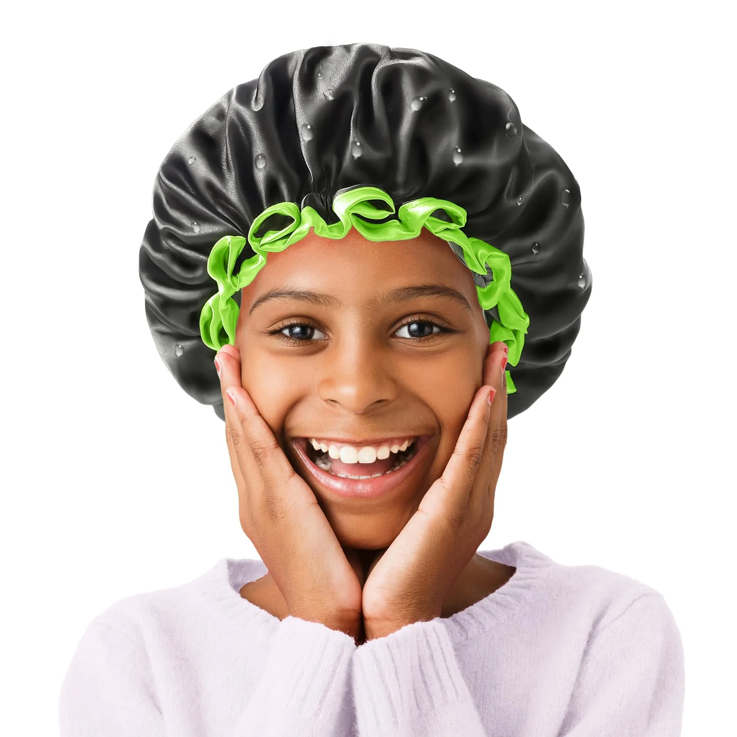 Durable mikimini Black Shower Caps for Small Child 2 Packs Double Layers Waterproof Bathing Hair Cap with Reusable Soft Comfortable PEVA Lining Cute Trusted