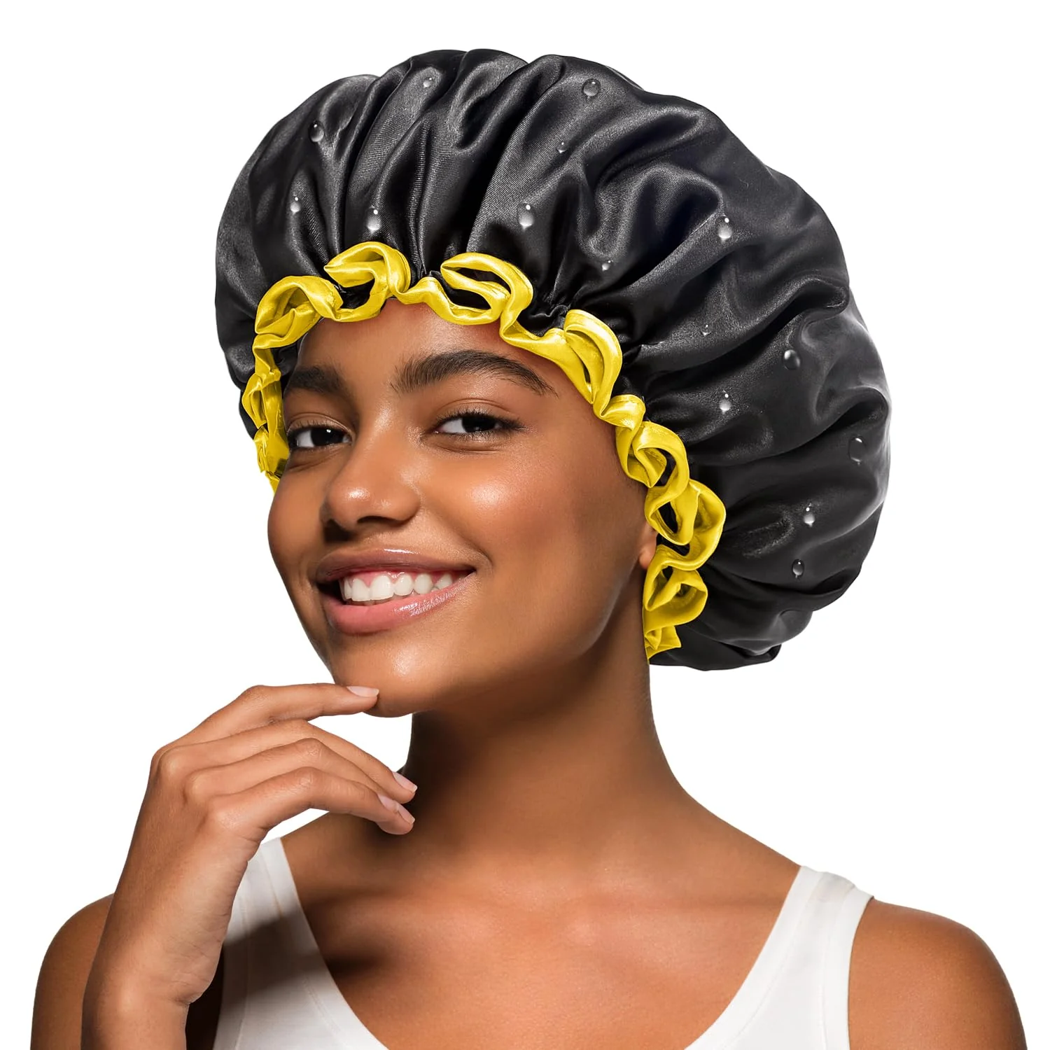 Advanced mikimini Black Shower Caps for Women Men Girls 2 Packs Reusable Double Layers Waterproof Bathing Shower Hat with Soft Comfortable PEVA Lining Prestigious