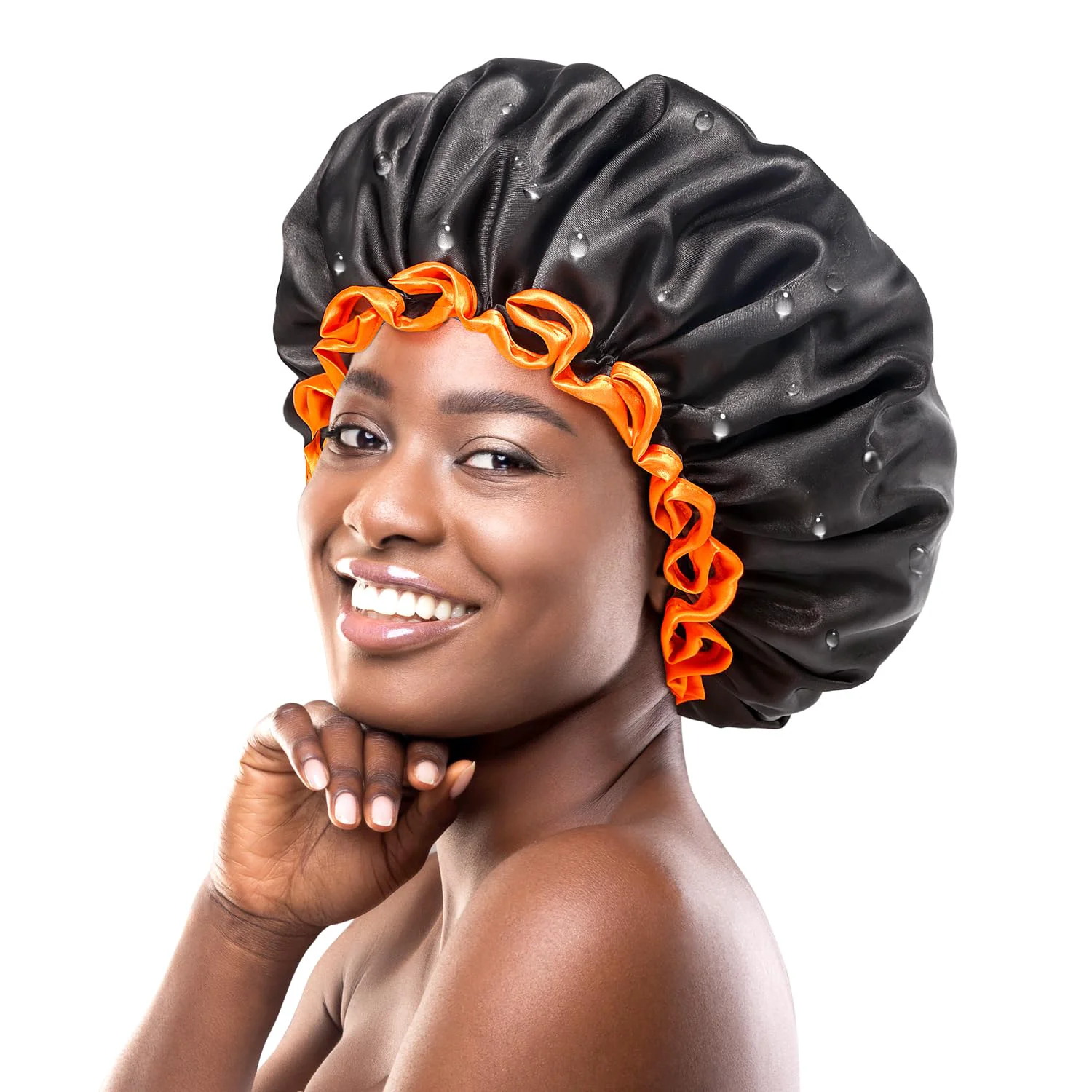 Functional mikimini Large Shower Cap for Women Long Hair Black Reusable Waterproof Double Layers XL Washable Colorfast Odorless High-Quality Shower Cap for Men Clean