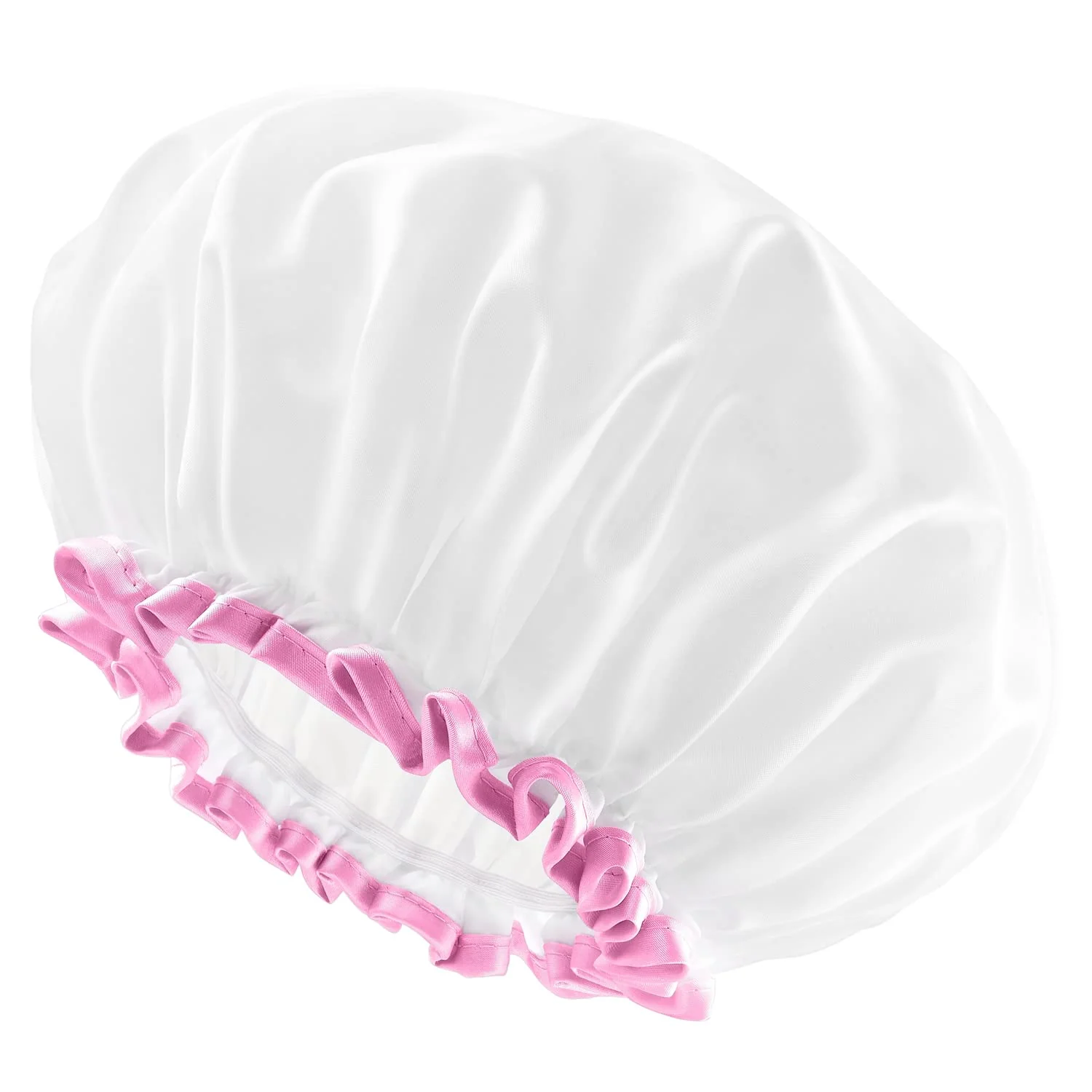 Secure mikimini White Large Shower Caps for Women Long Hair Pack of 2 Reusable Waterproof Double Layers Bathing Hair Cap Soft Comfortable PEVA Lining Cute Lightweight