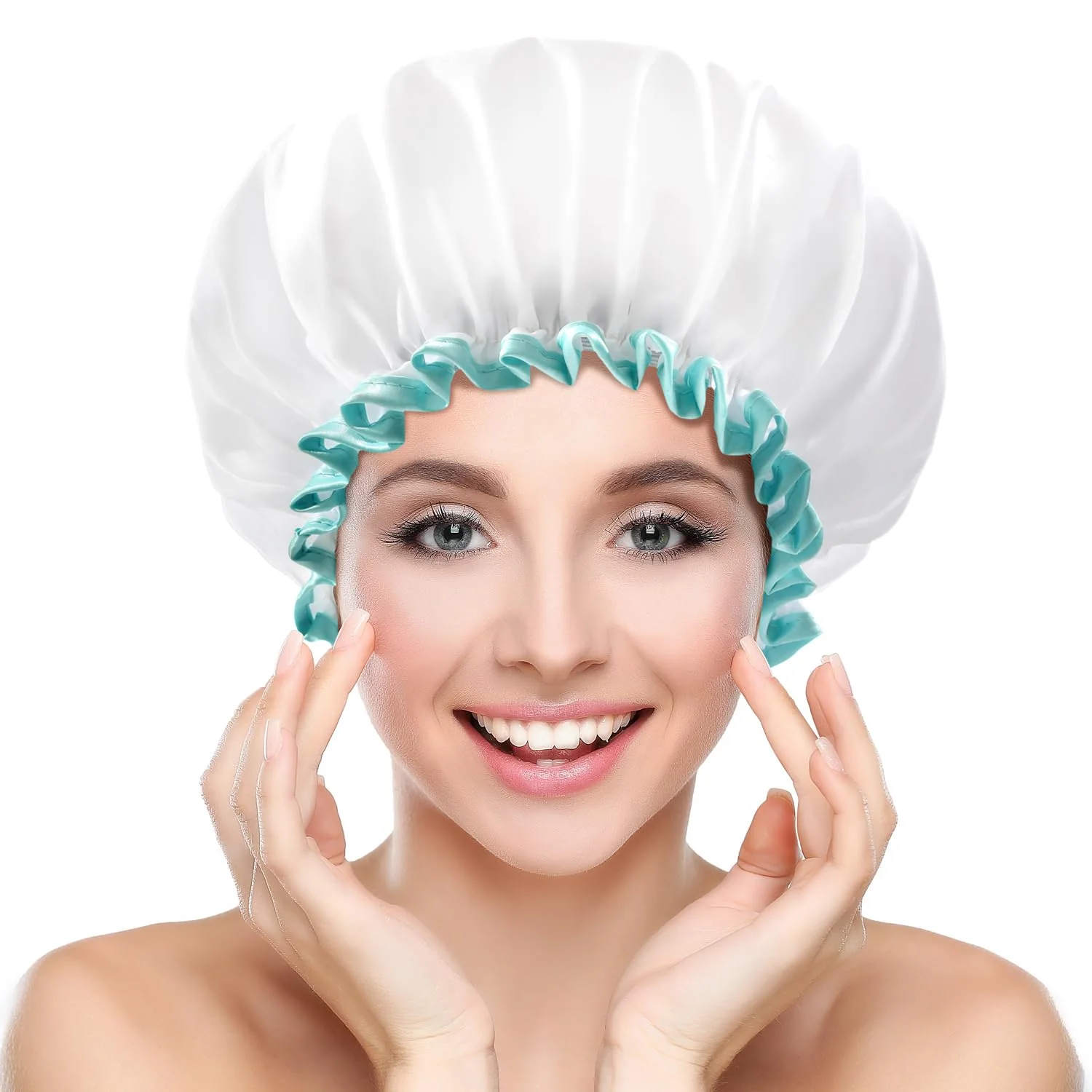 Selected mikimini White Shower Cap for Women and Girls 2 Pack Double Waterproof Reusable Washable Super Cute and Soft Comfortable Quality