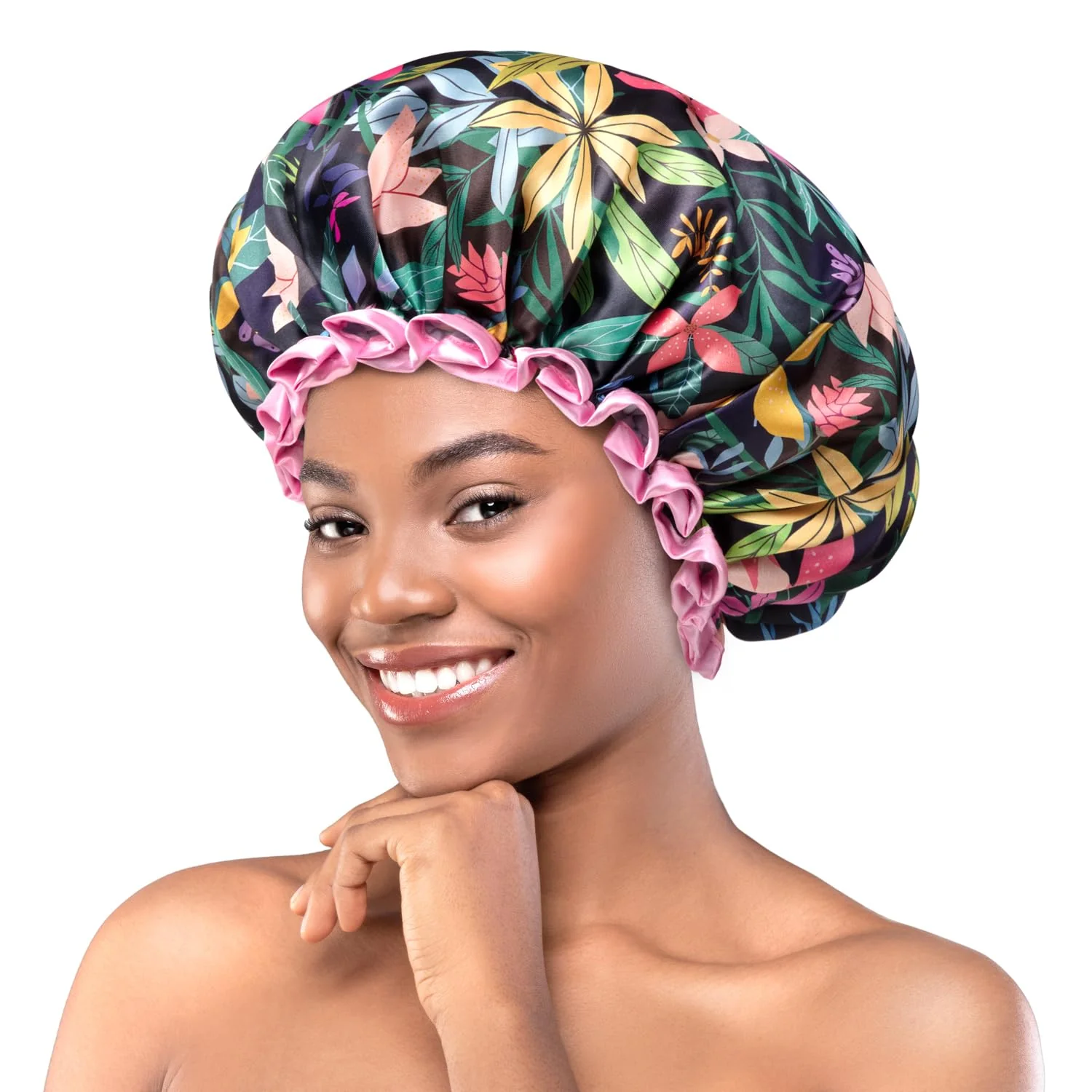 Next-Generation mikimini Shower Cap for Women and Grils Pack of 2 Rainforest Bath Shower Caps with Pink Lace Reusable Waterproof Shower Hat for Girls Medium Floral Powerful