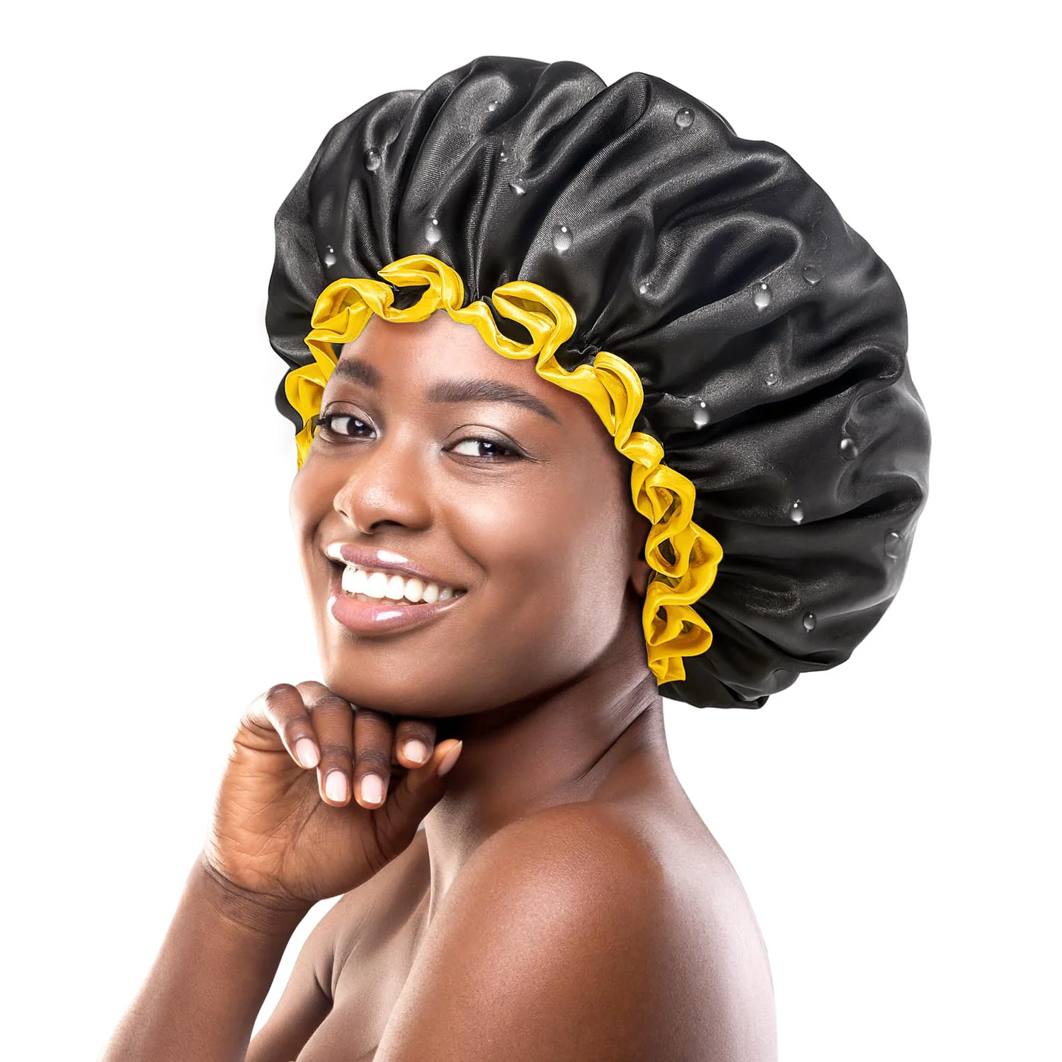 Minimalist mikimini Extra Large Black Shower Cap for Women and Men Thick Long Hair Braids Reusable Waterproof Double Layers XL Bathing Hair Caps with Vibrant Contemporary