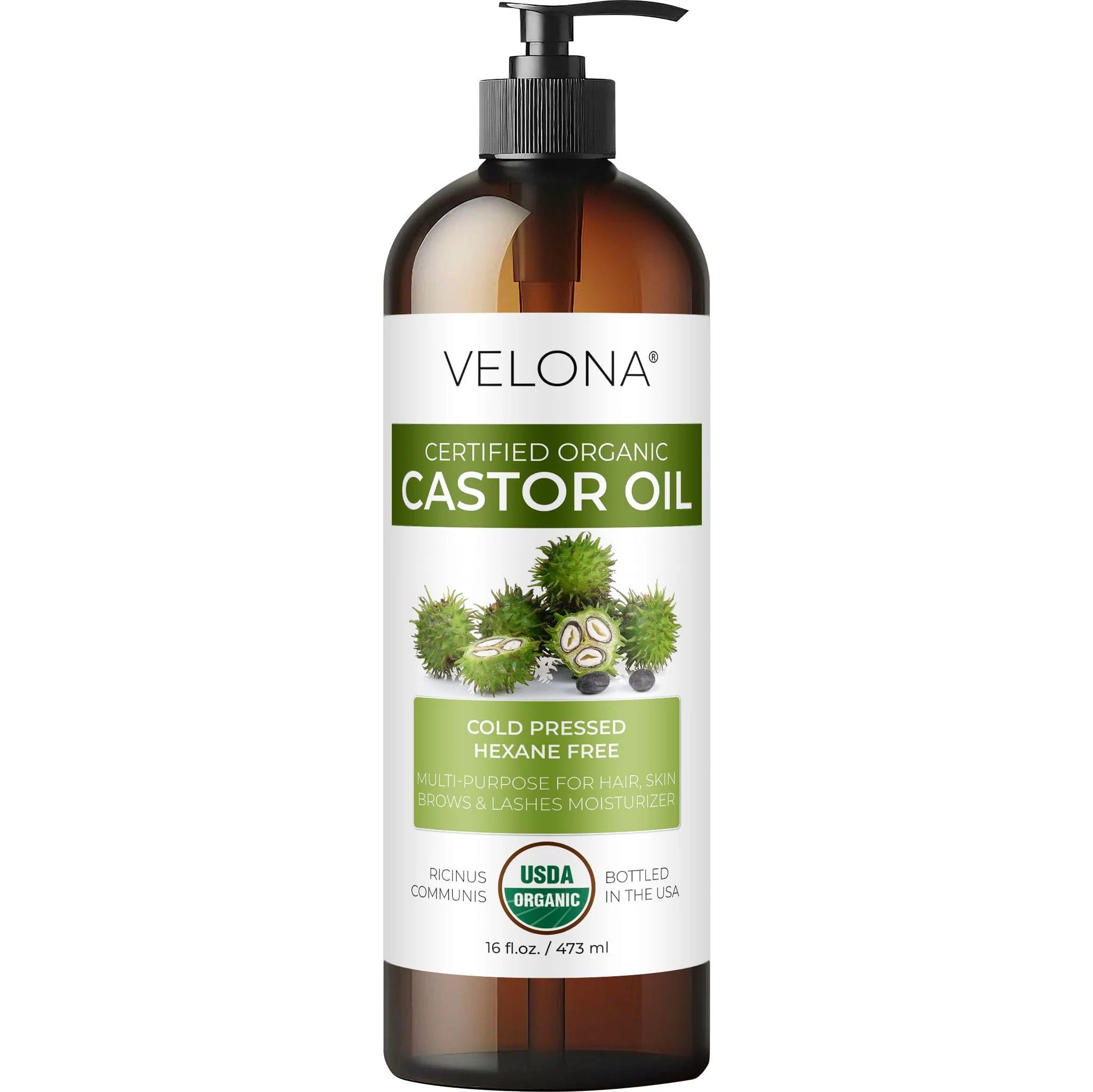Solid velona USDA Organic Castor Oil - 16 fl oz With Pump For Hair Growth Boost Eyelashes Eyebrows Cold pressed Natural Oil USP Grade Specialty