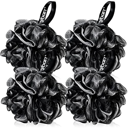 Natural Yoget Bath Loofah Sponge 4 Pack Black 60G Shower Mesh Ball Soft Pouf Body Scrubber Exfoliate Cleanse Soothe Skin Black Loofah with White Trim Fine Crafted