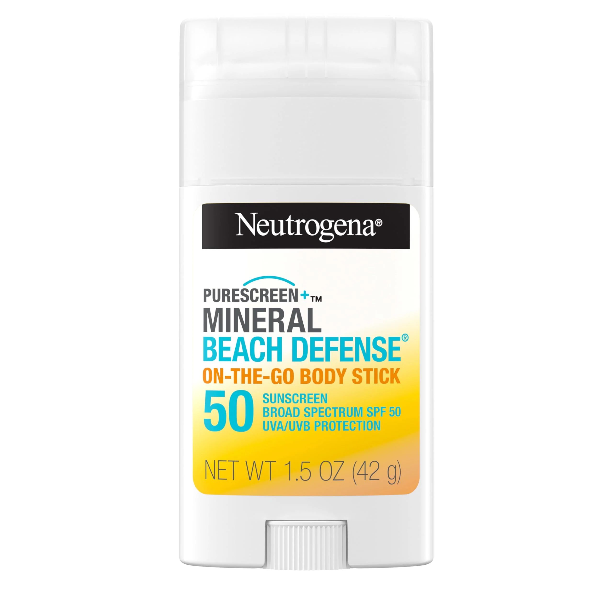 World-Class Neutrogena Purescreen Mineral Beach Defense On-The-Go Body Sunscreen Stick with Broad Spectrum SPF 50 Water Resistant UVA UVB Protection Absorbs Enhanced