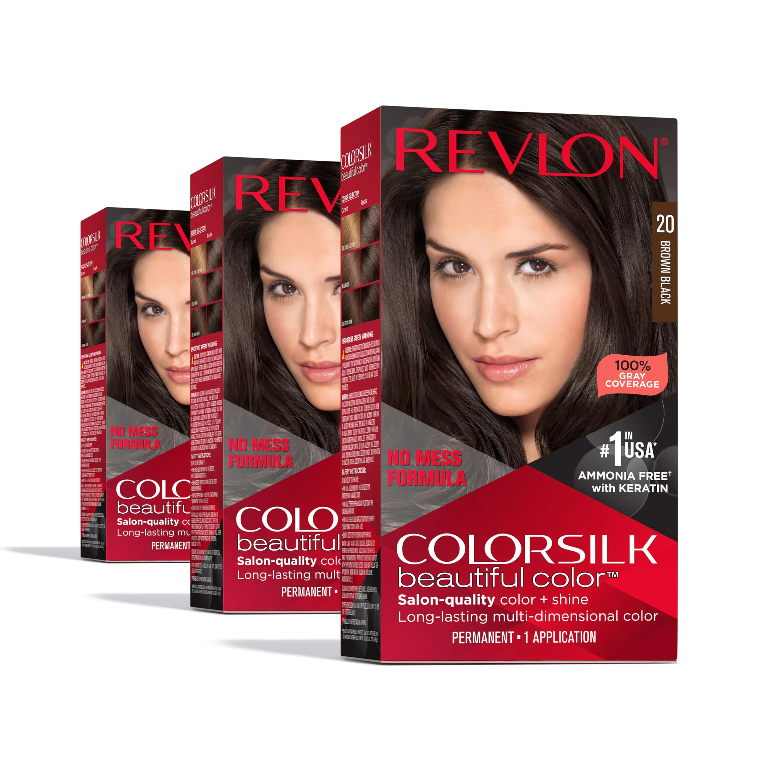 Long-Lasting Revlon Colorsilk Beautiful Color Permanent Hair Color OLD VERSION 20 Brown Black Pack of 3 Elegant